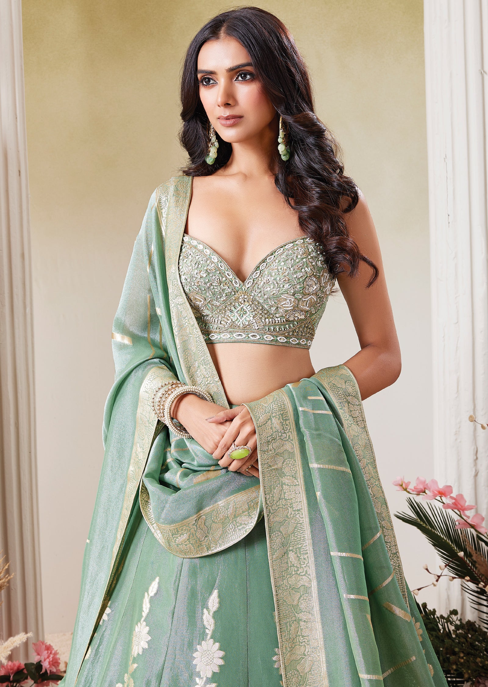 Dusty Green Banaras Lehenga Set