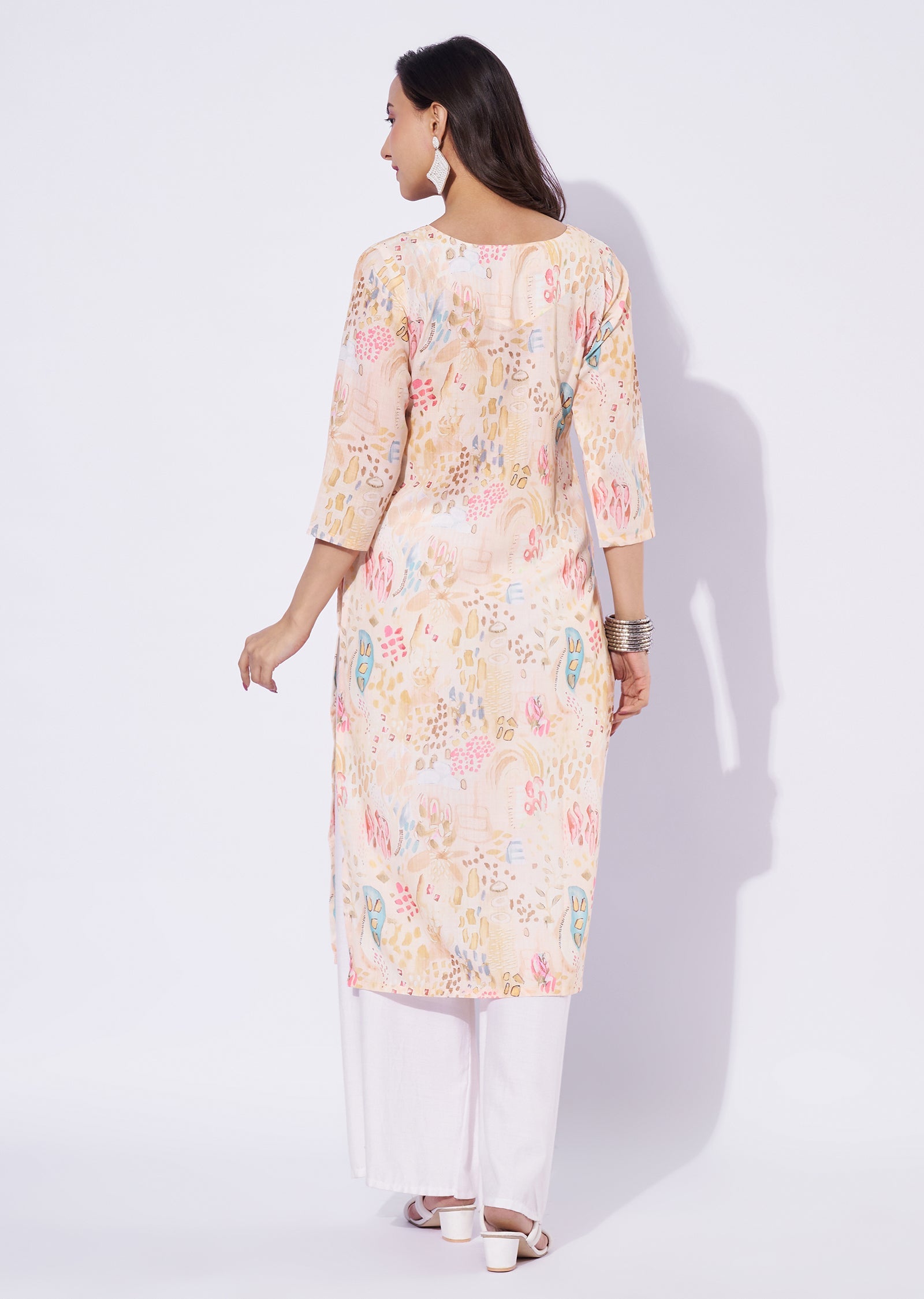 Light Yellow Linen Cotton Straight Cut Kurti