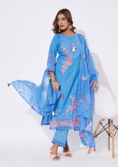 Blue Cotton Straight Cut Suit