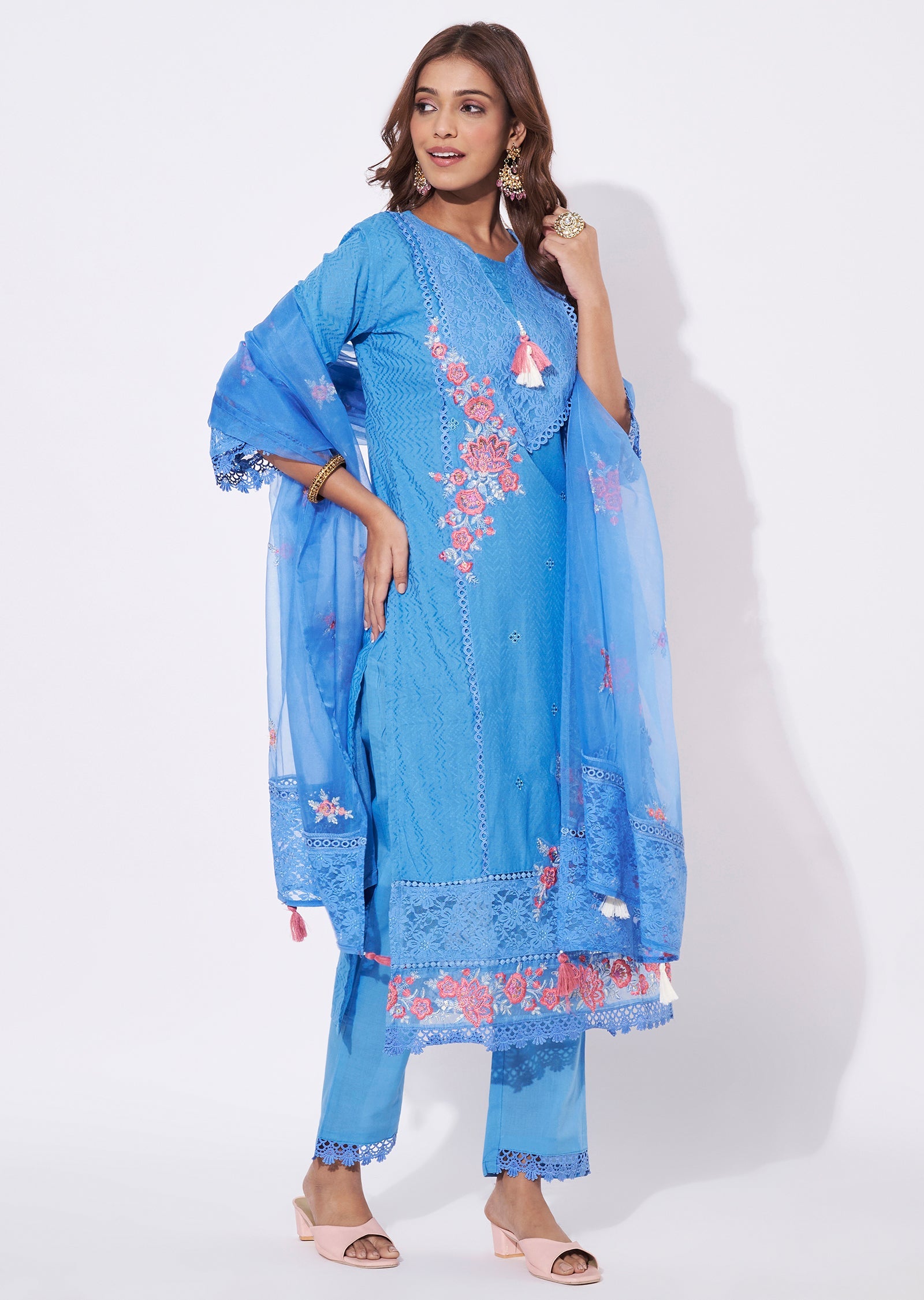 Blue Cotton Straight Cut Suit