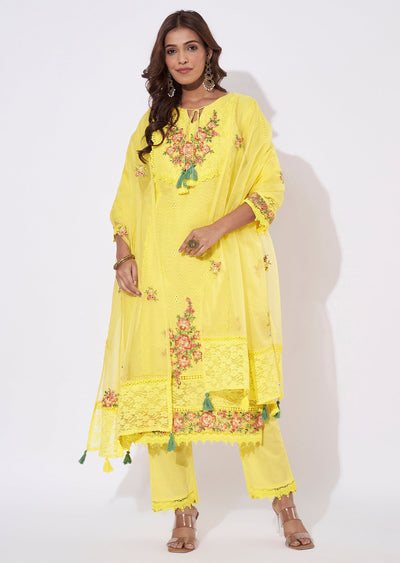 Yellow Cotton Straight Cut Suit