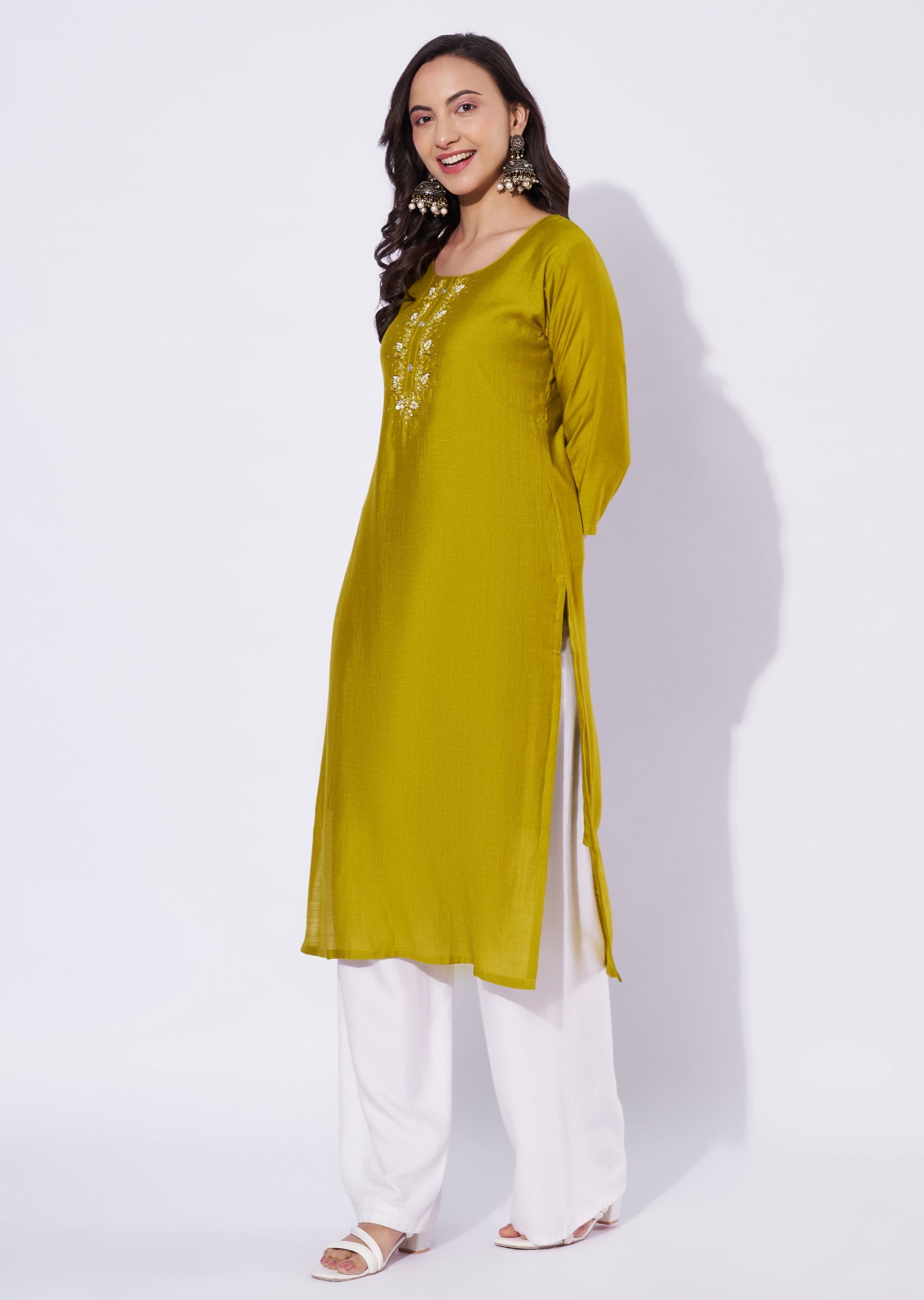Lime Green Gold Straight Cut Kurti