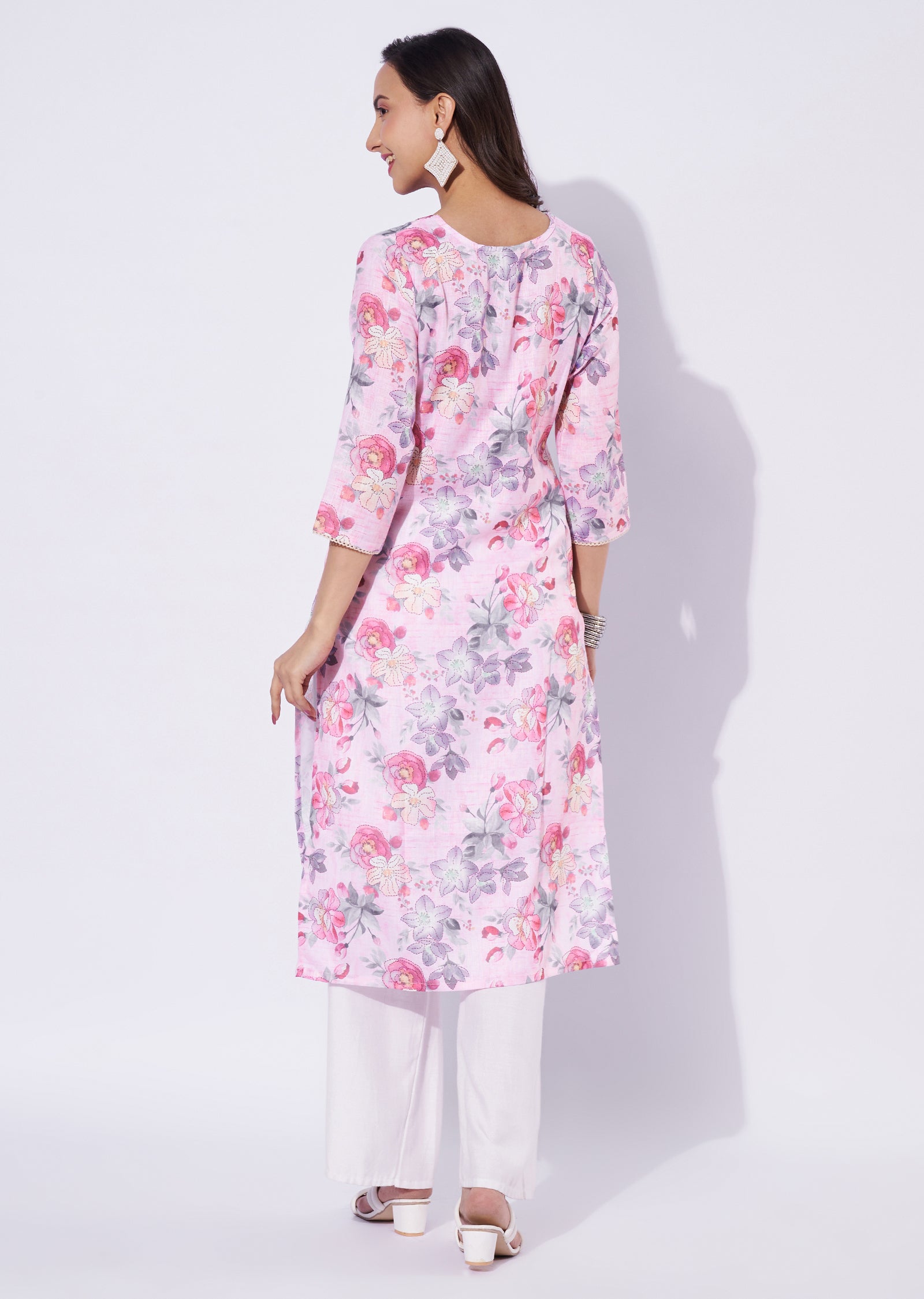 Baby Pink Linen Cotton Straight Cut Kurti