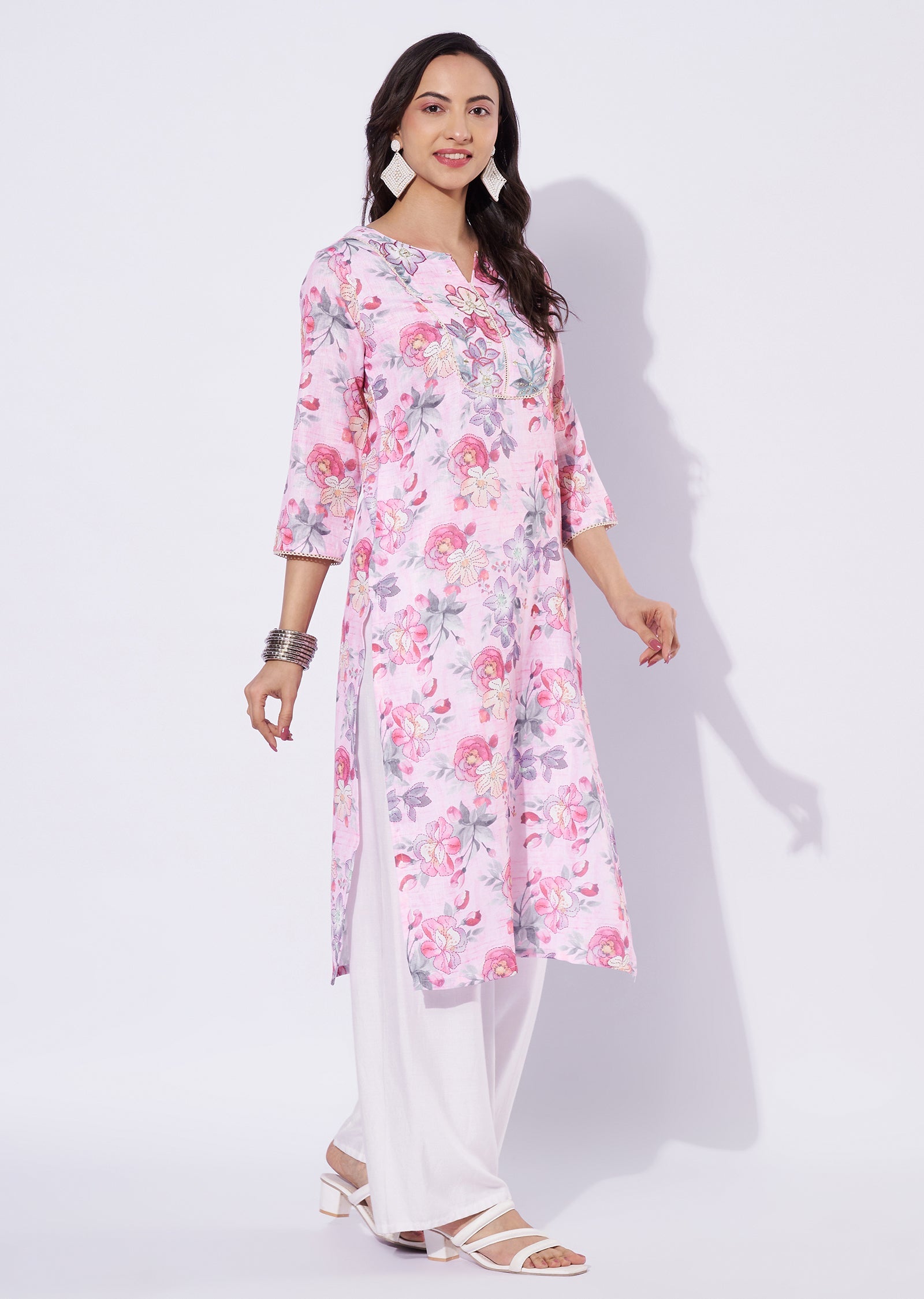 Baby Pink Linen Cotton Straight Cut Kurti