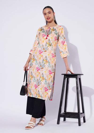 Light Yellow Linen Cotton Straight Cut Kurti