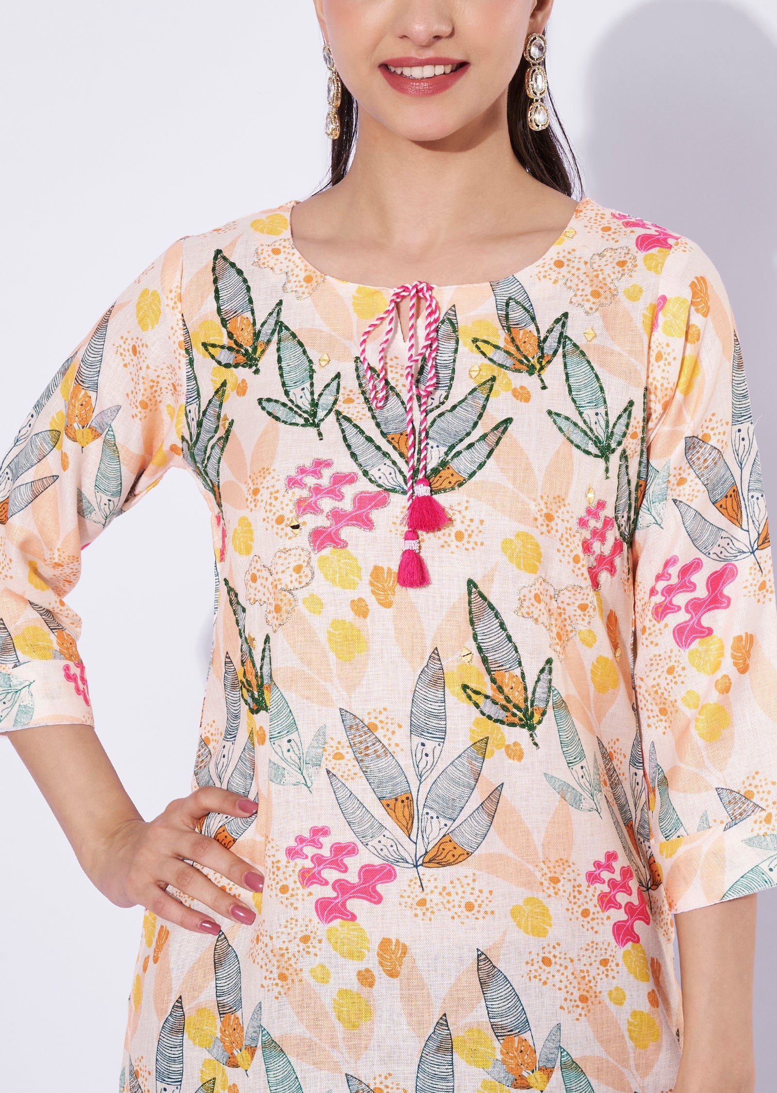 Light Yellow Linen Cotton Straight Cut Kurti