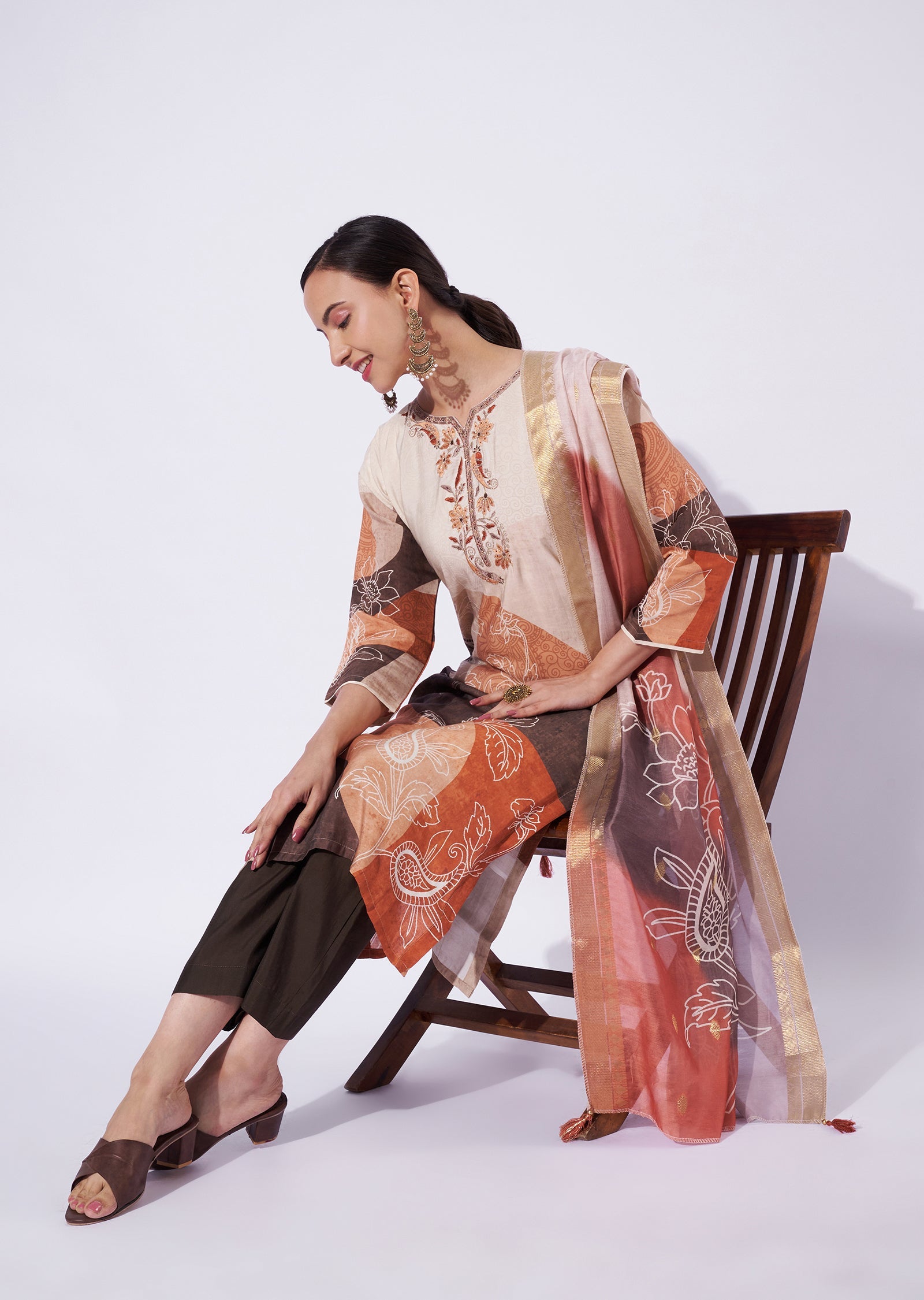 Beige Chanderi Straight Cut Suit