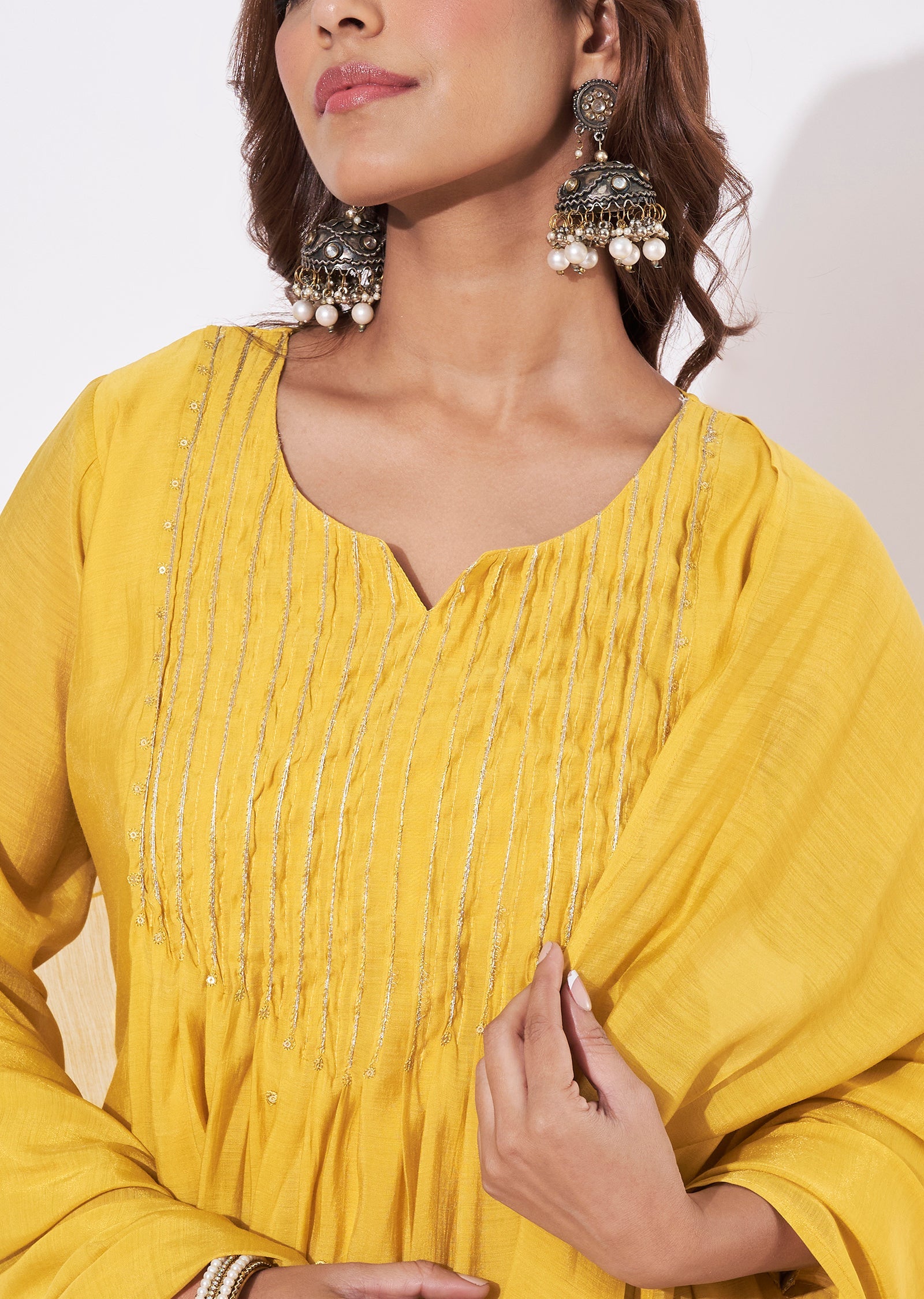Mustard Mal Chanderi Anarkali Suit
