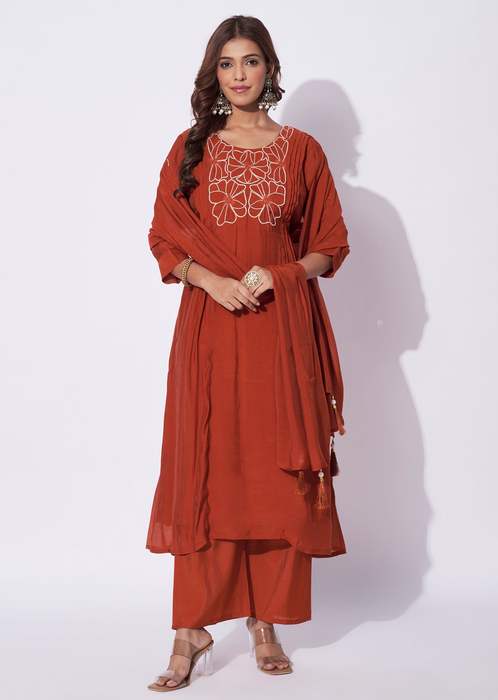 Dark Rust Mal Chanderi Anarkali Suit