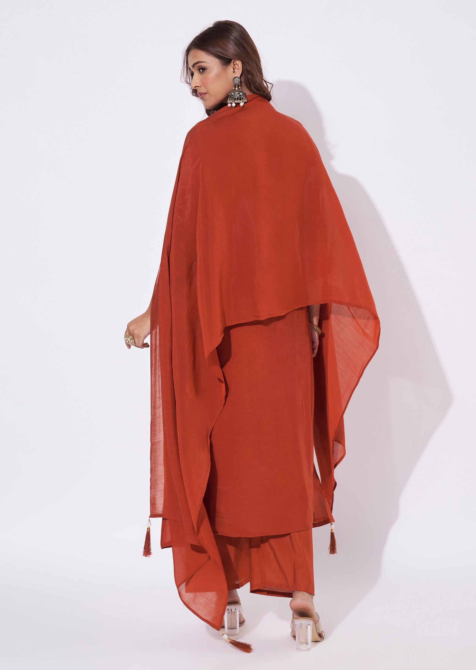 Dark Rust Mal Chanderi Anarkali Suit