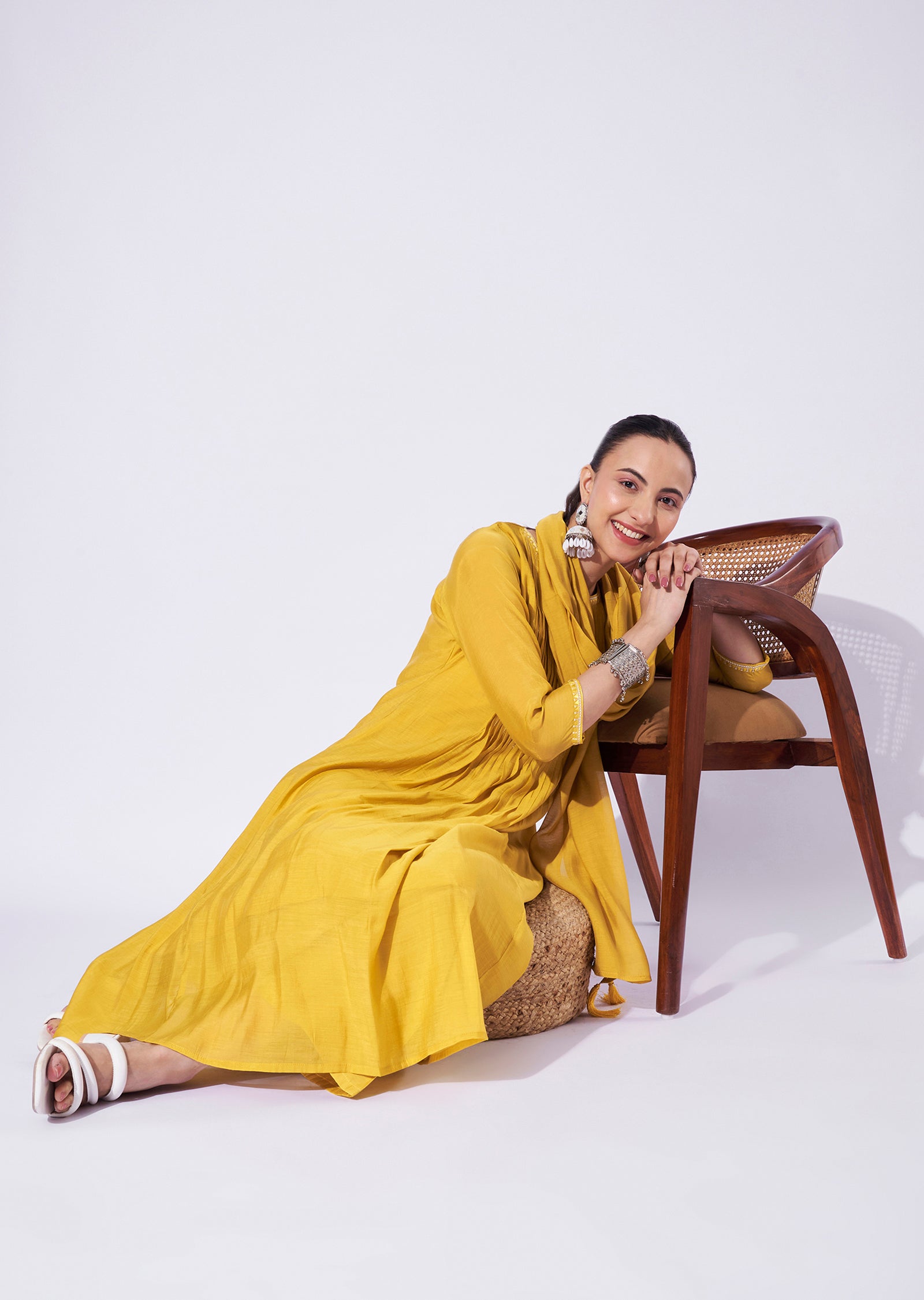 Mustard Mul Chanderi Anarkali Suit