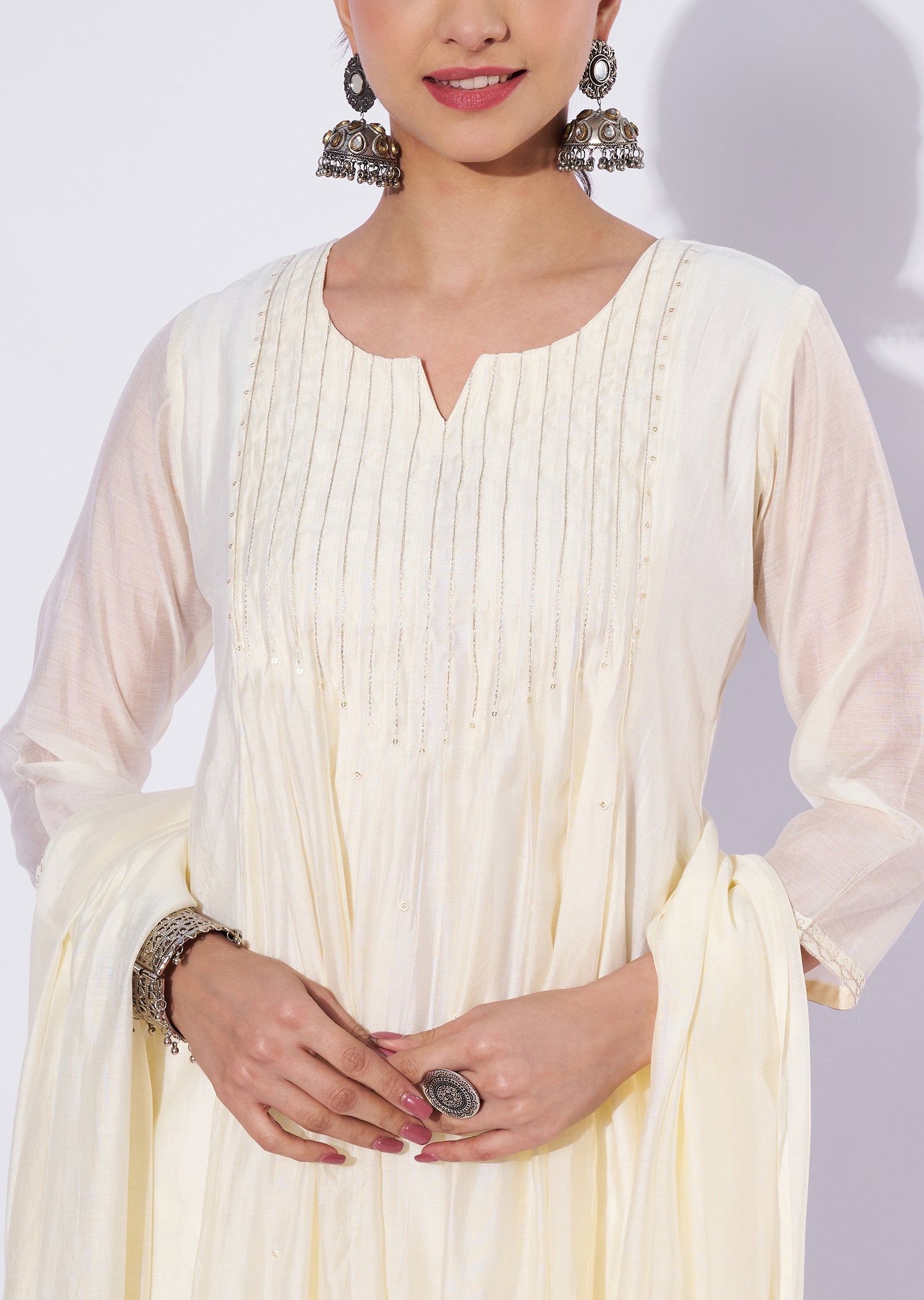 Cream Mul Chanderi Anarkali Suit