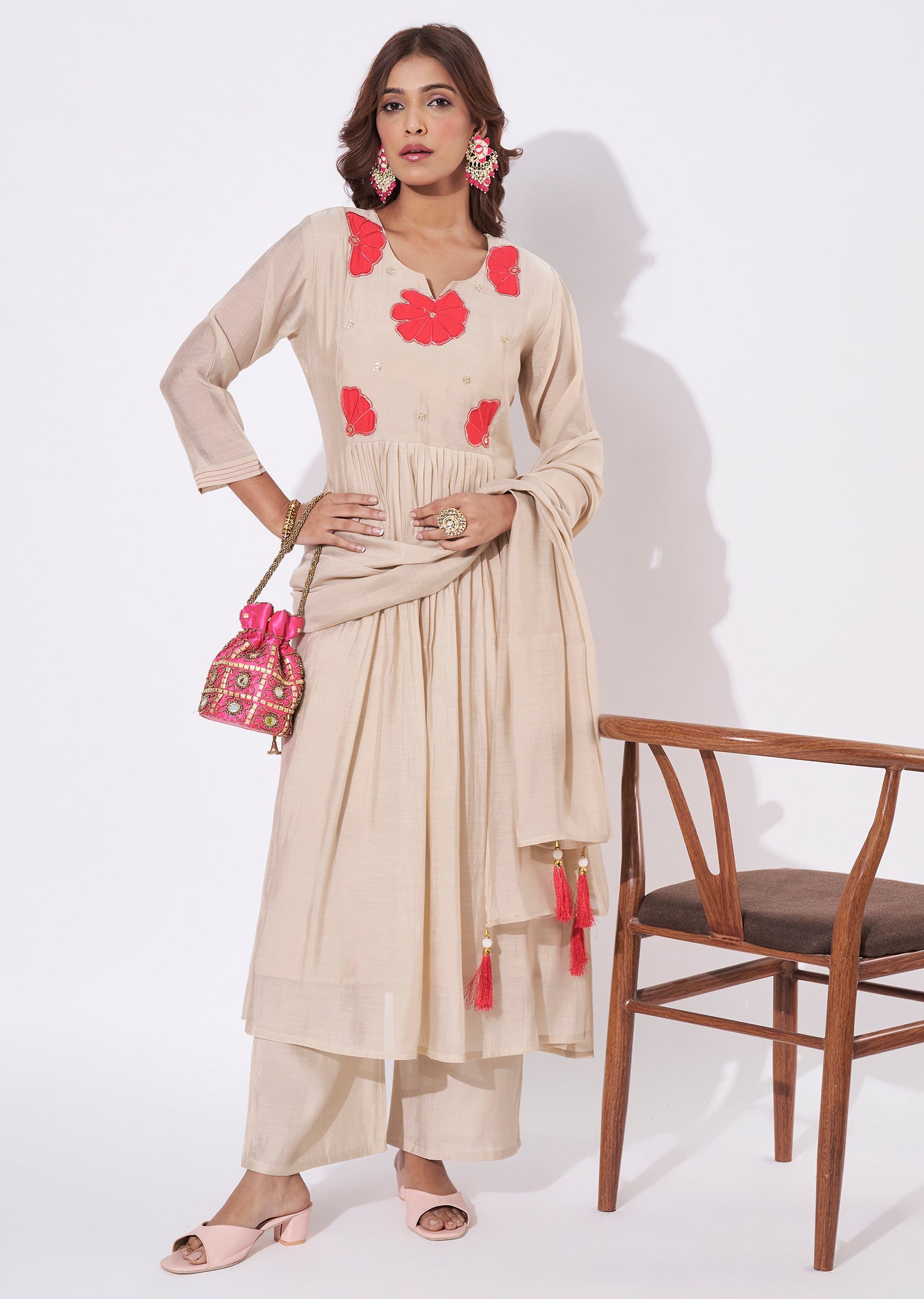 Dark Biege Mal Chanderi Anarkali Suit