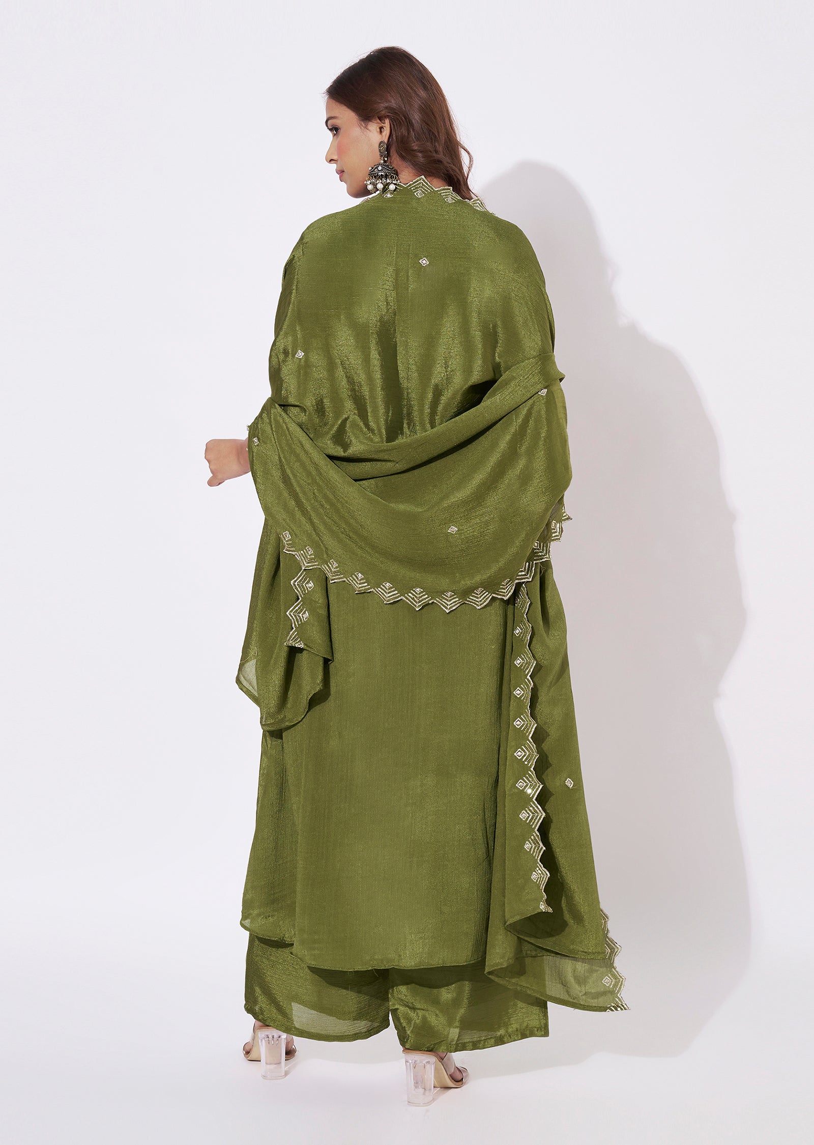 Olive Green Chinnon Anarkali Suit