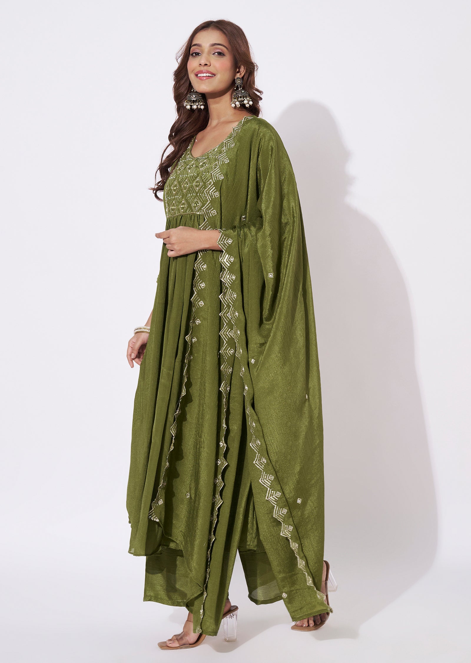 Olive Green Chinnon Anarkali Suit