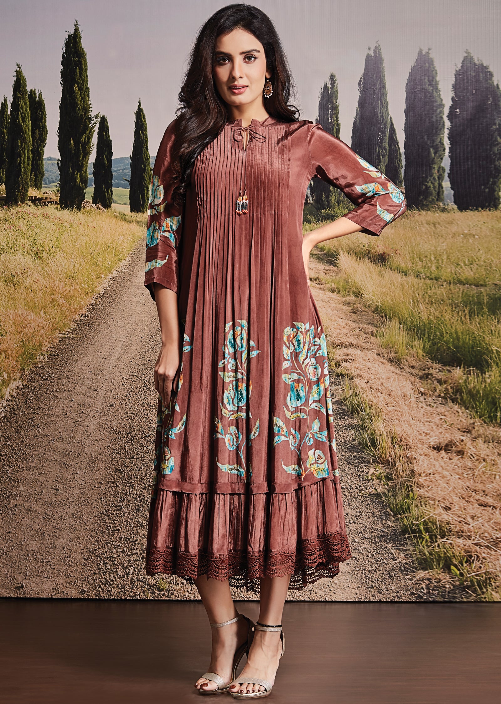 Brown Crepe Frock Kurti