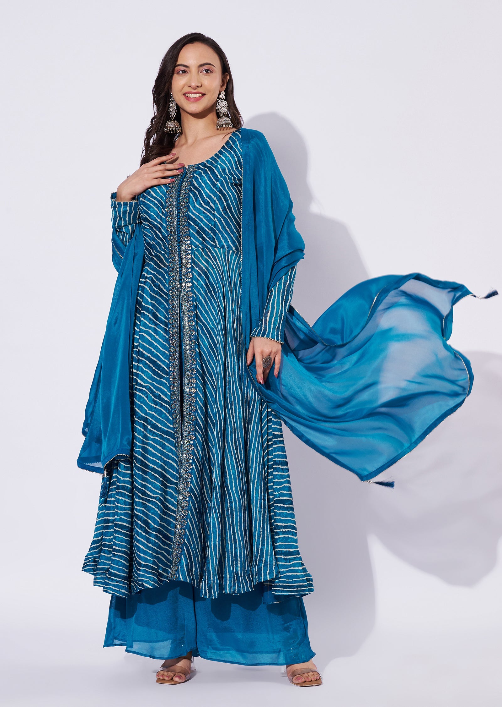 Teal Blue Chinnon Anarkali Suit