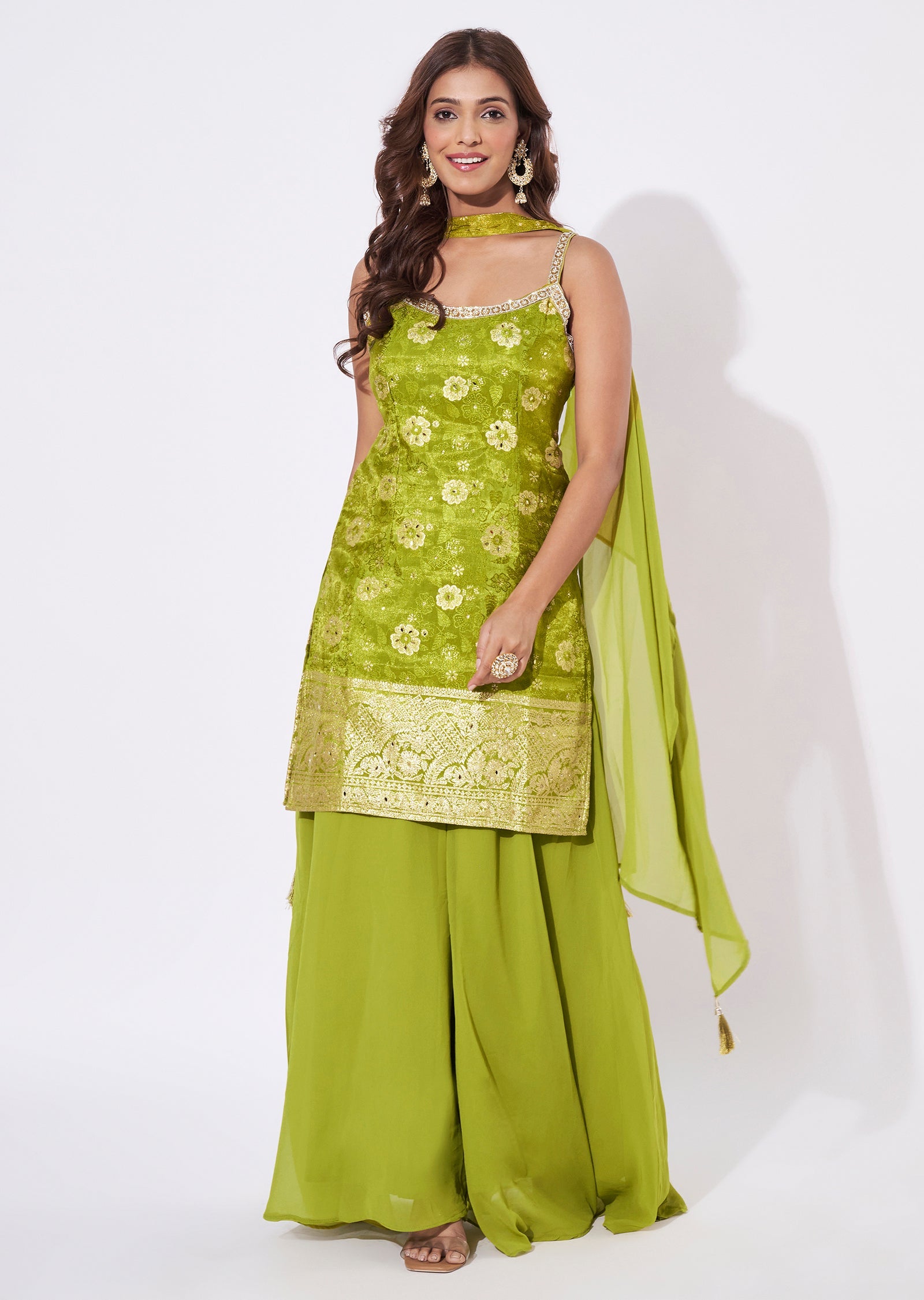 Mehendi Green Chinnon Straight Cut Suit