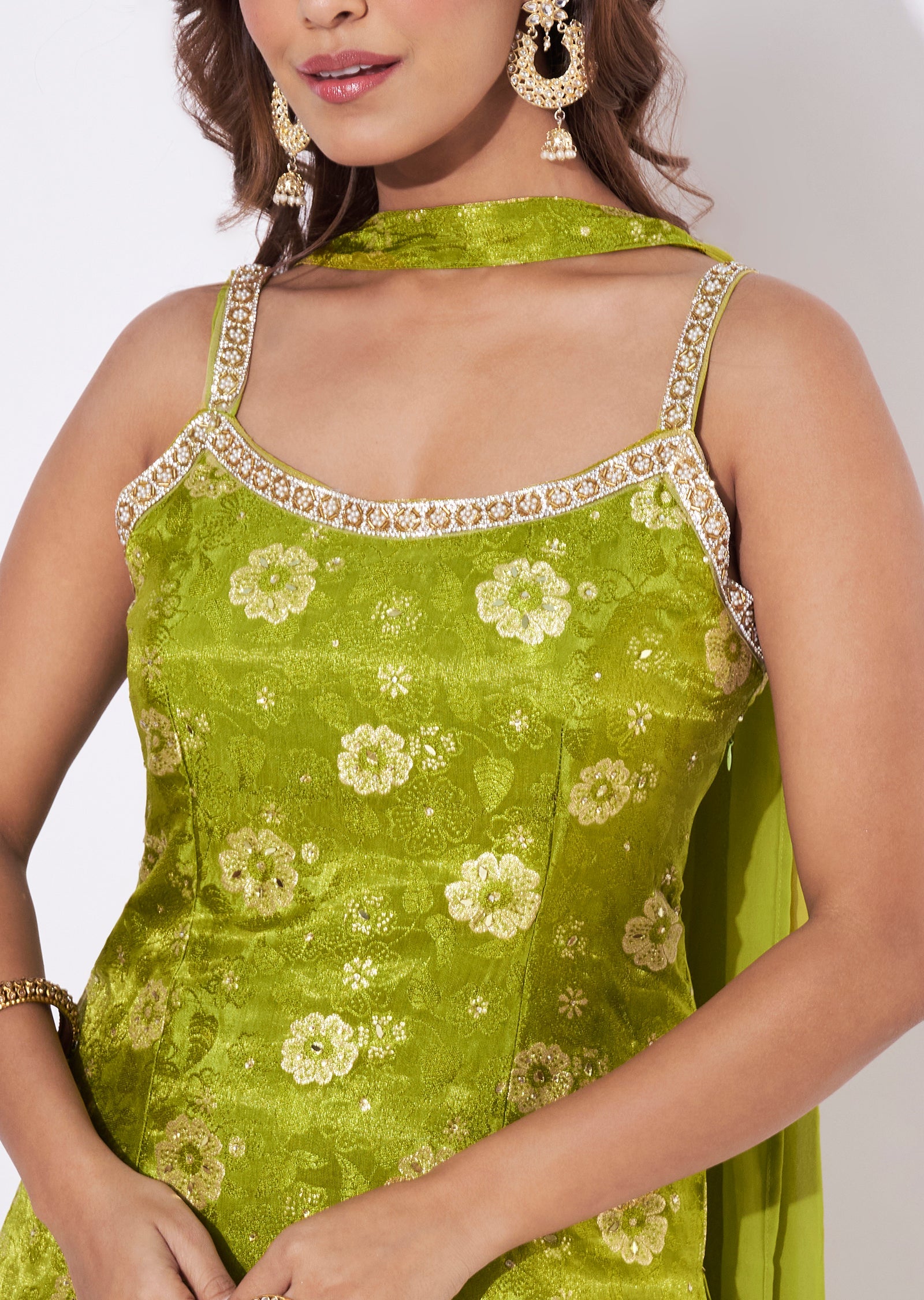 Mehendi Green Chinnon Straight Cut Suit