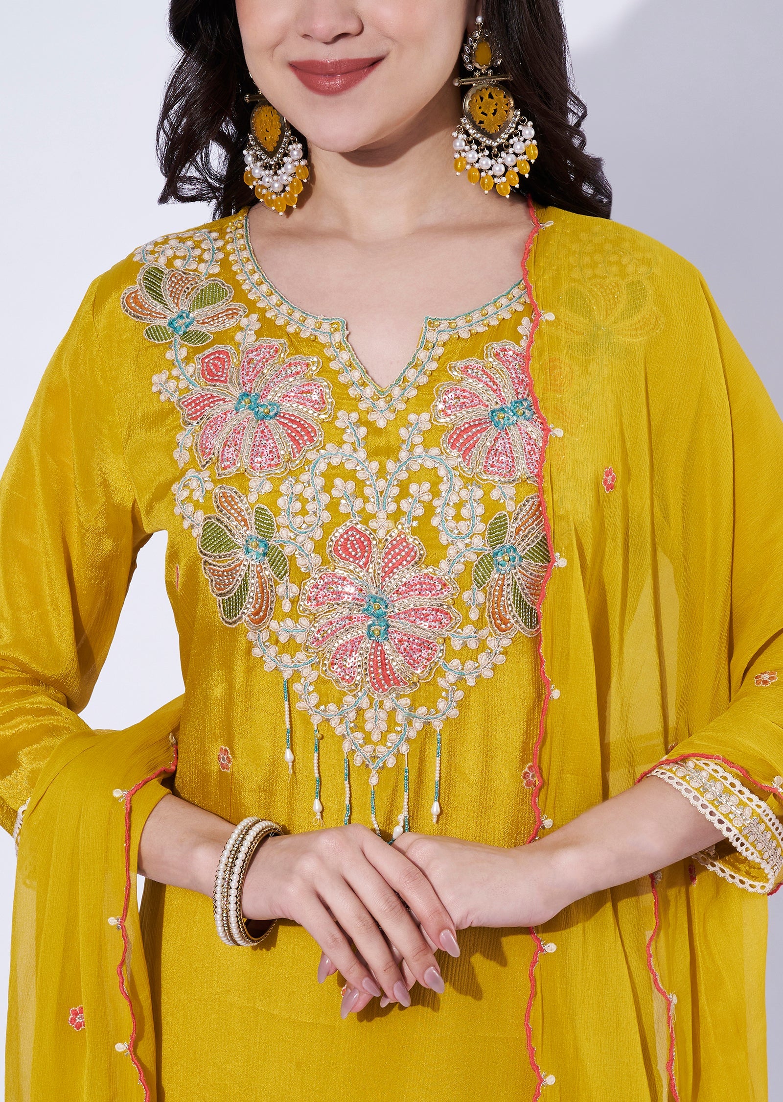Yellow Chinnon straight cut kurti set
