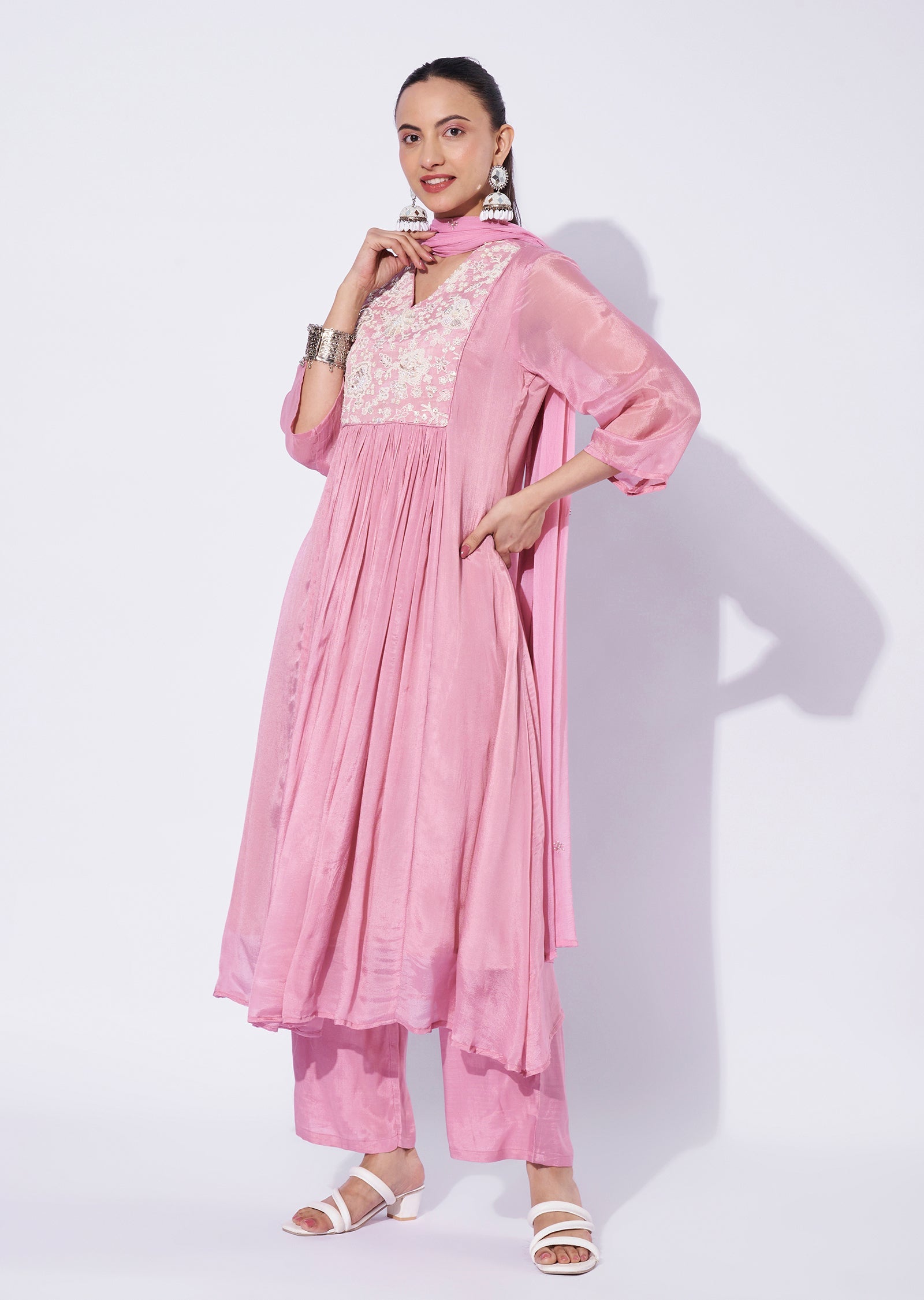Baby Pink Chinnon Anarkali Suit