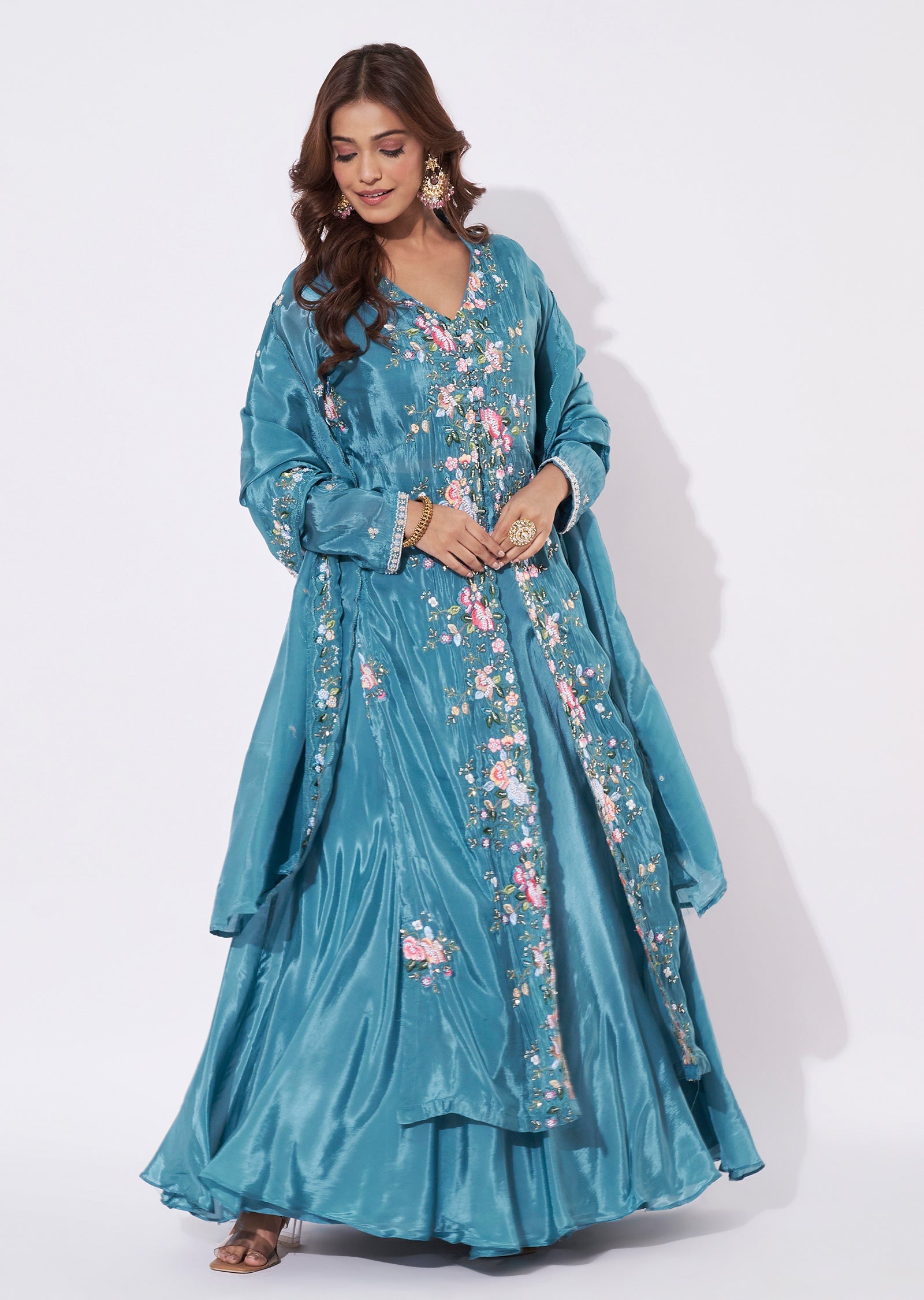 Dusty Blue Silk Anarkali Suit