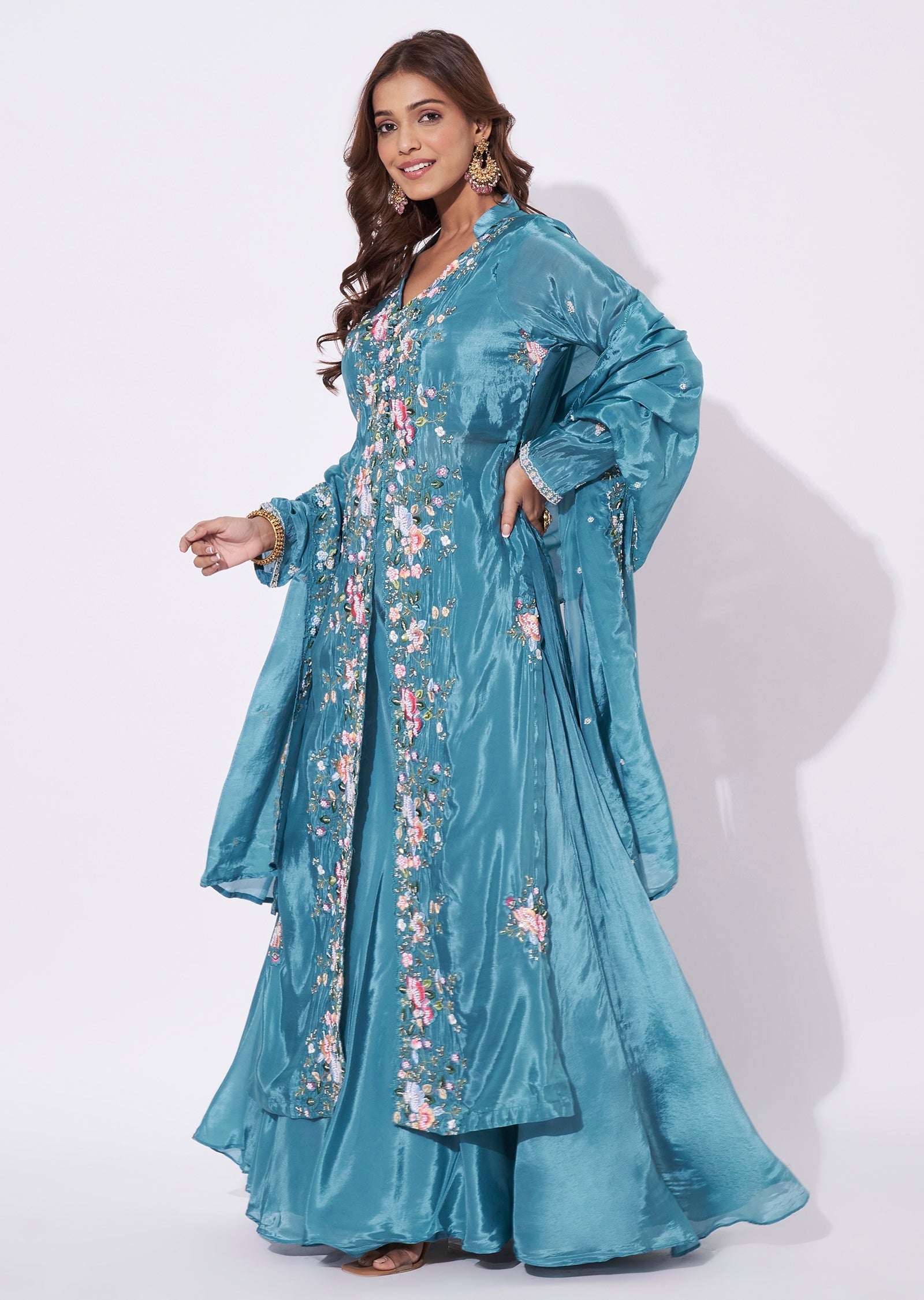 Dusty Blue Silk Anarkali Suit