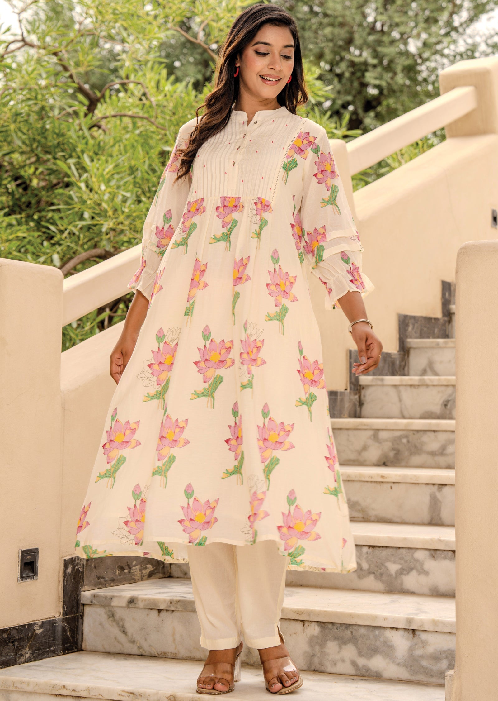 Cream Cotton Straight Cut Kurti Set