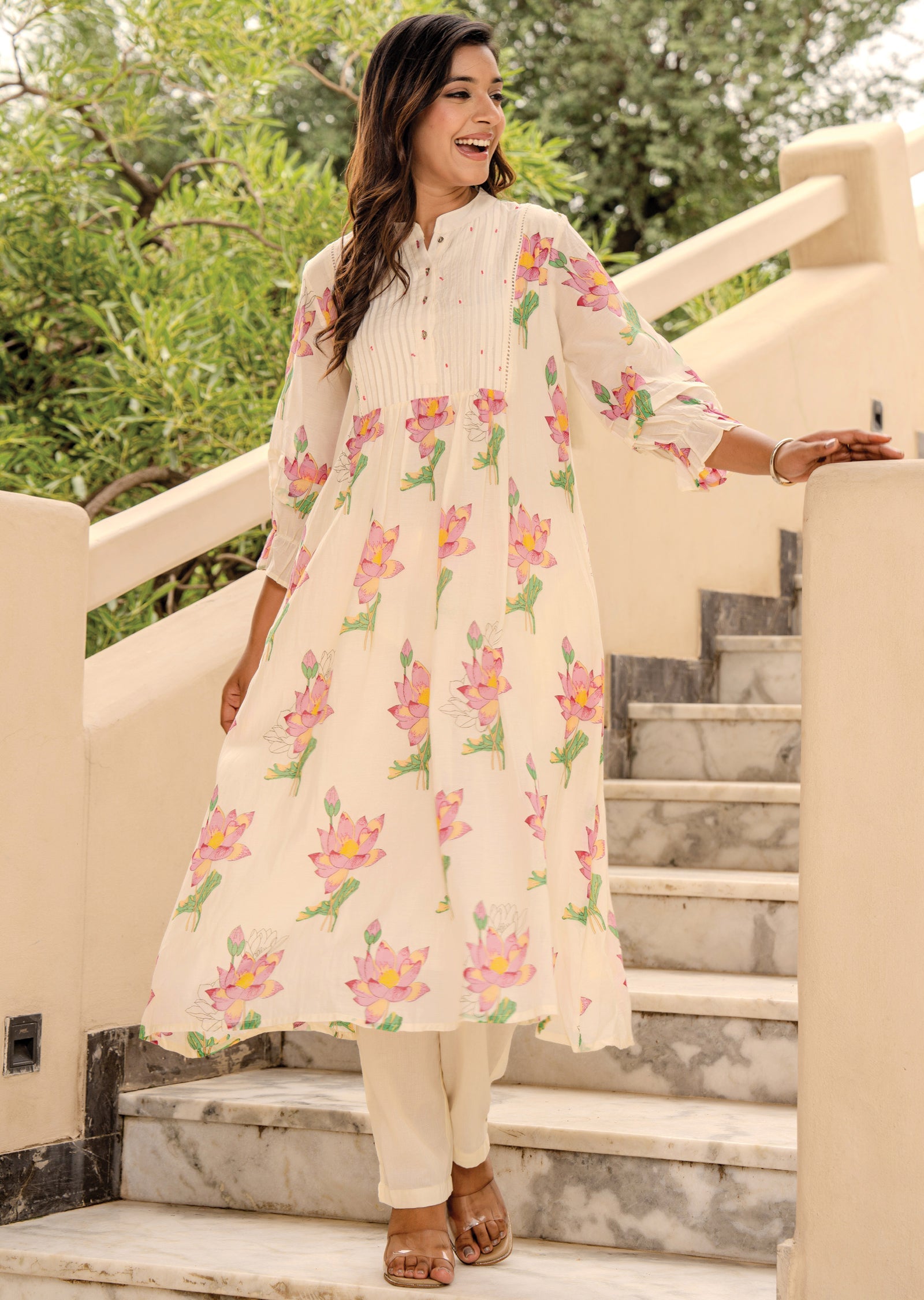 Cream Cotton Straight Cut Kurti Set