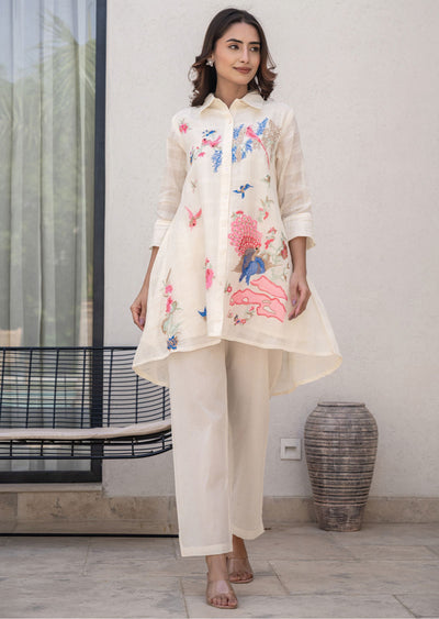 Cream Cotton Straight Cut Kurti Set