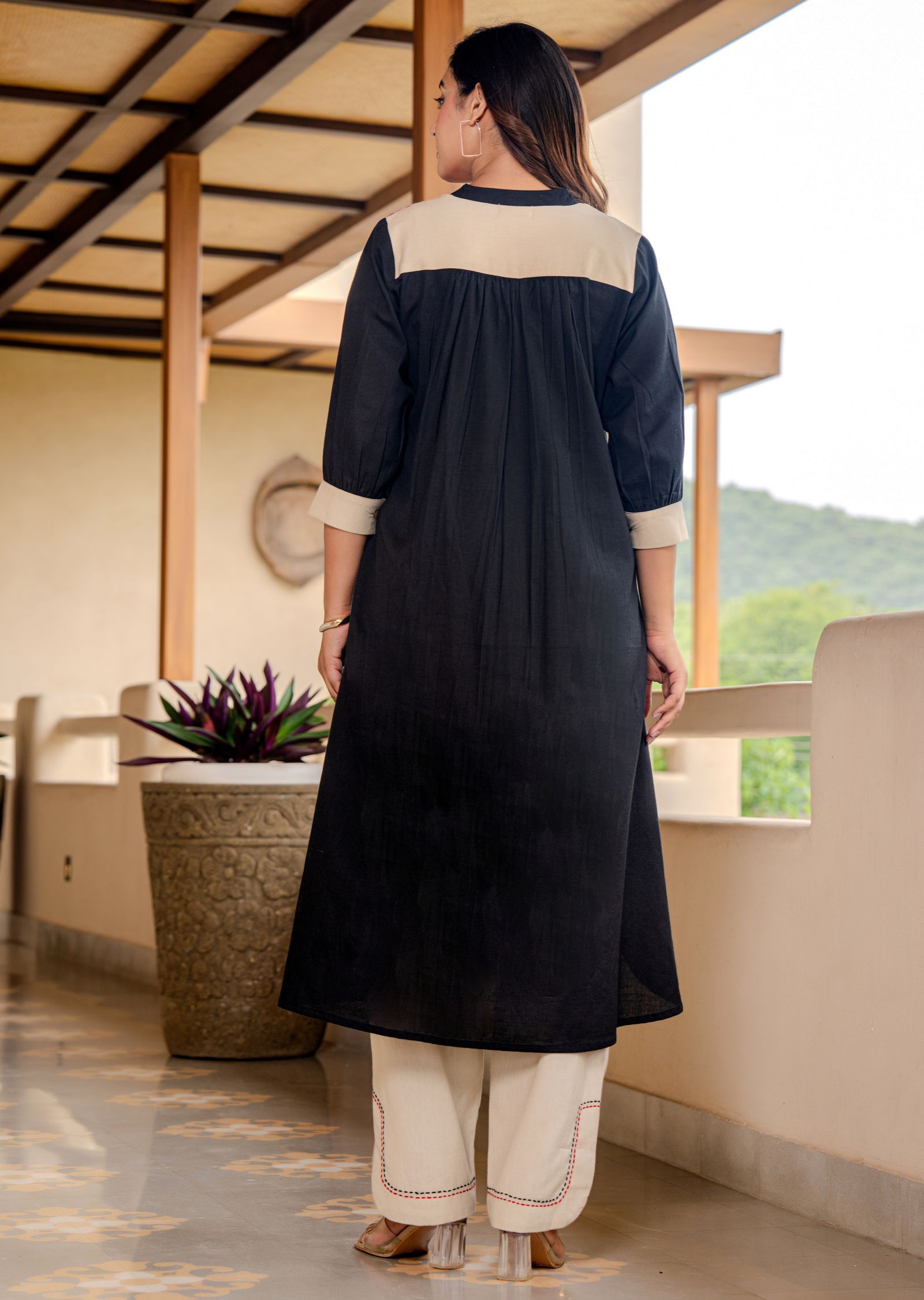 Black Cotton Straight Cut Kurti Set