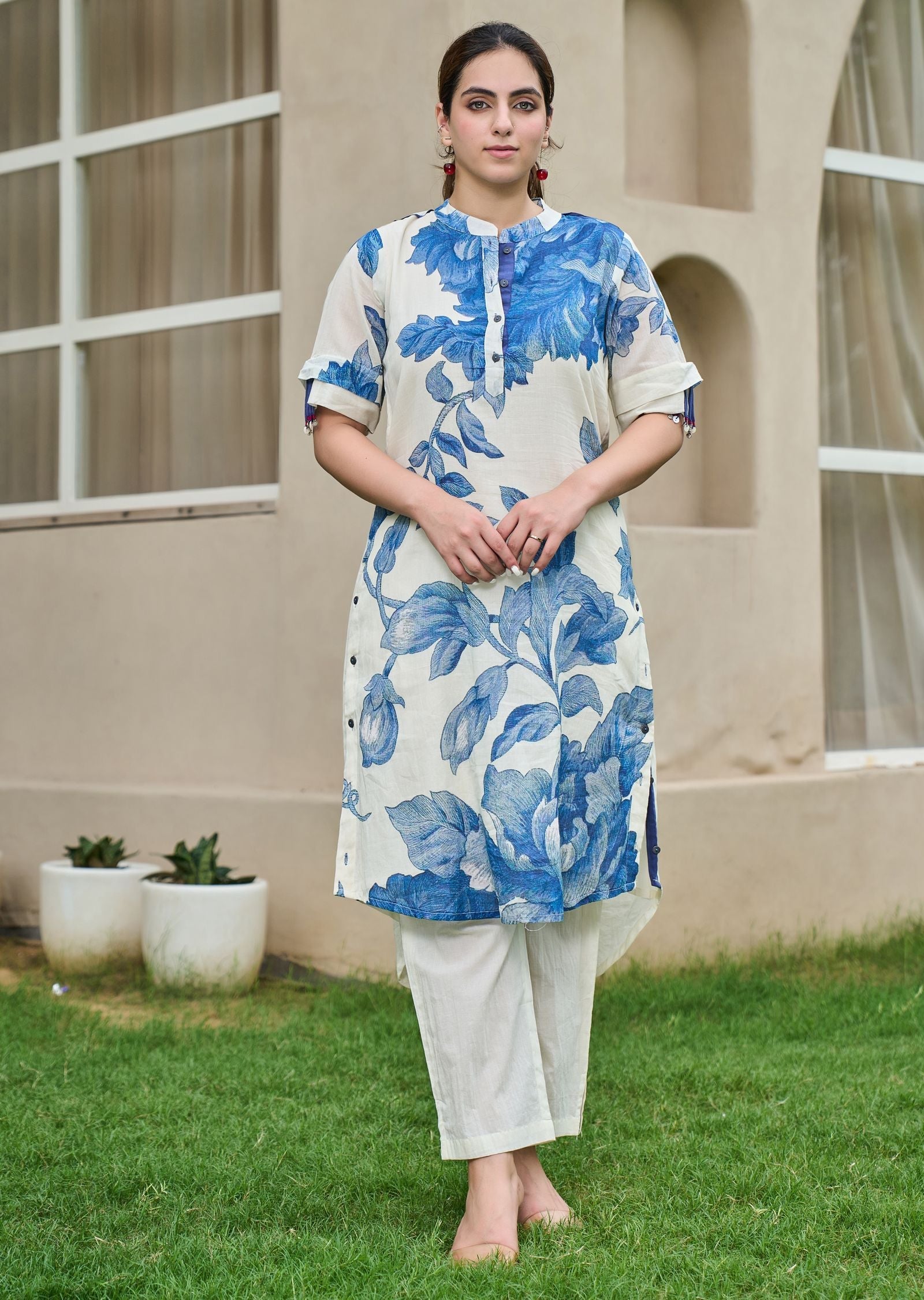 Blue Cotton Straight Cut Kurti Set