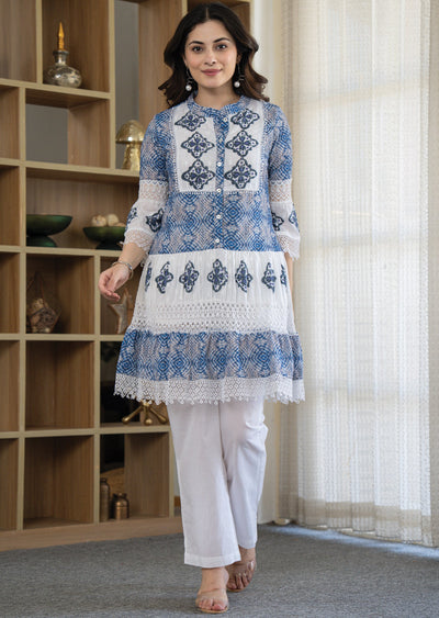 Off White Cotton Straight Cut Kurti Set