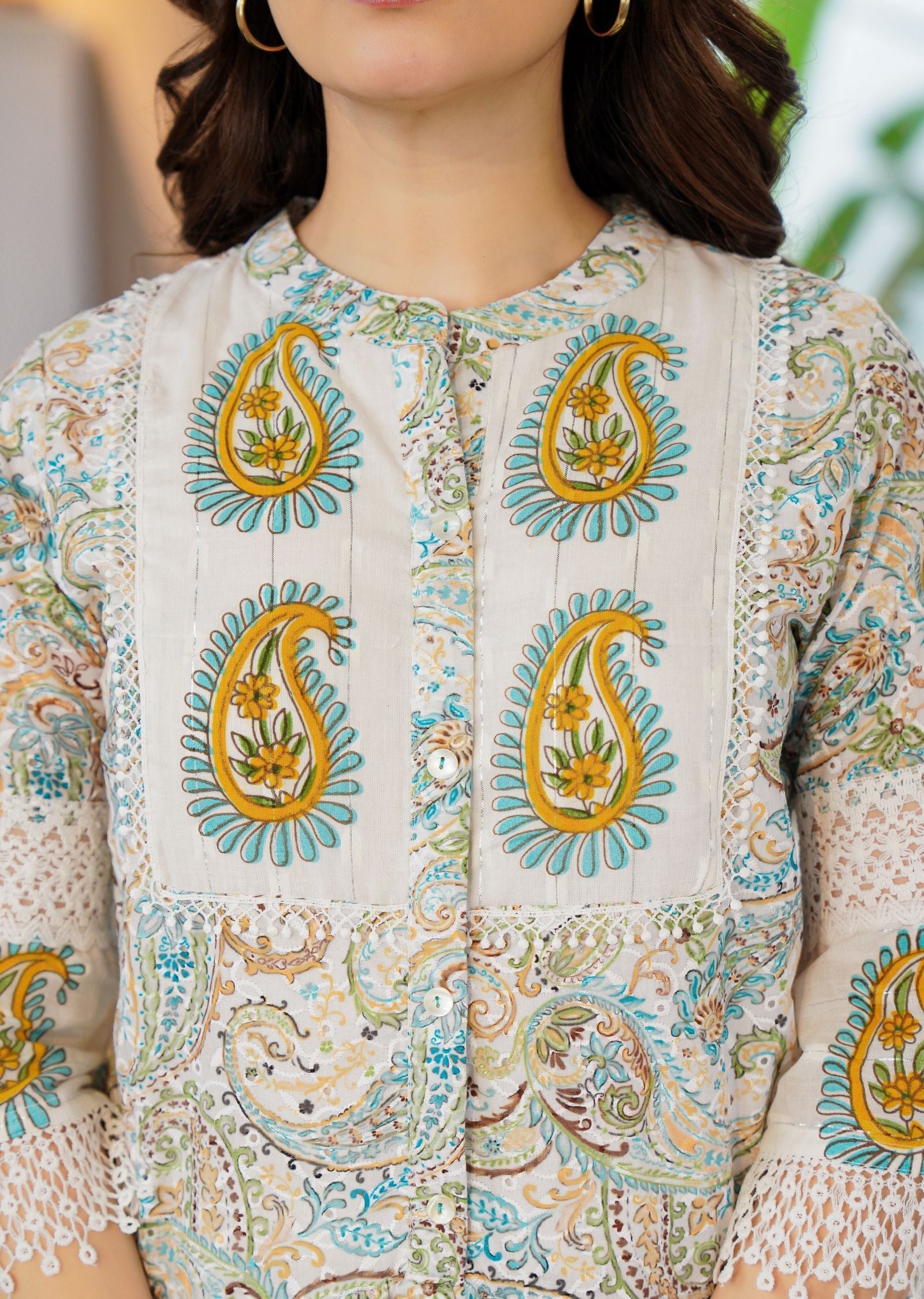 Off White Cotton Straight Cut Kurti Set