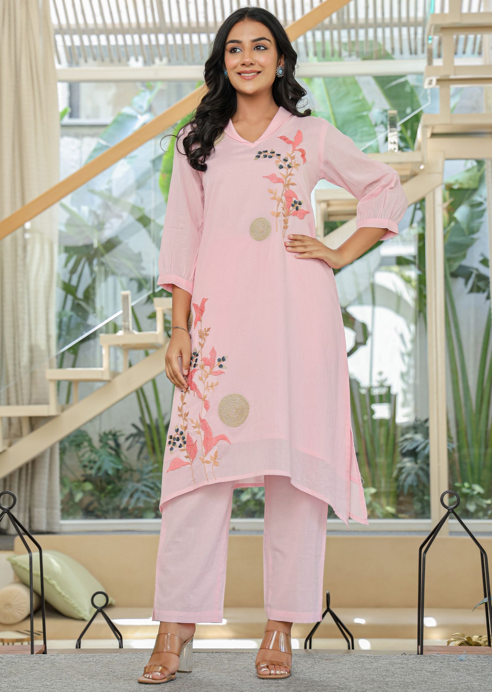Pink Cotton Straight Cut Kurti Set