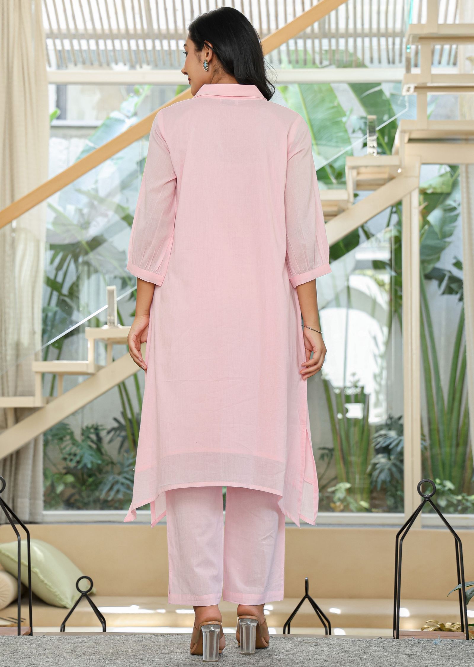 Pink Cotton Straight Cut Kurti Set