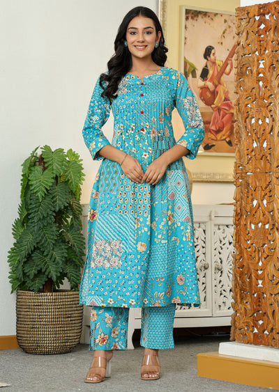 Blue Cotton Straight Cut Kurti Set