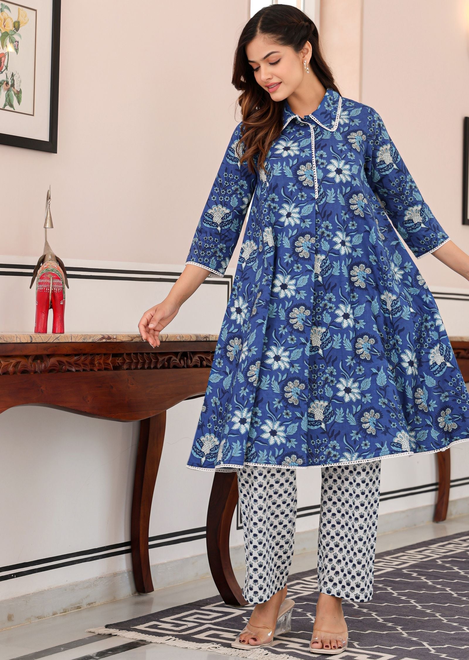 Blue Cotton Straight Cut Kurti Set
