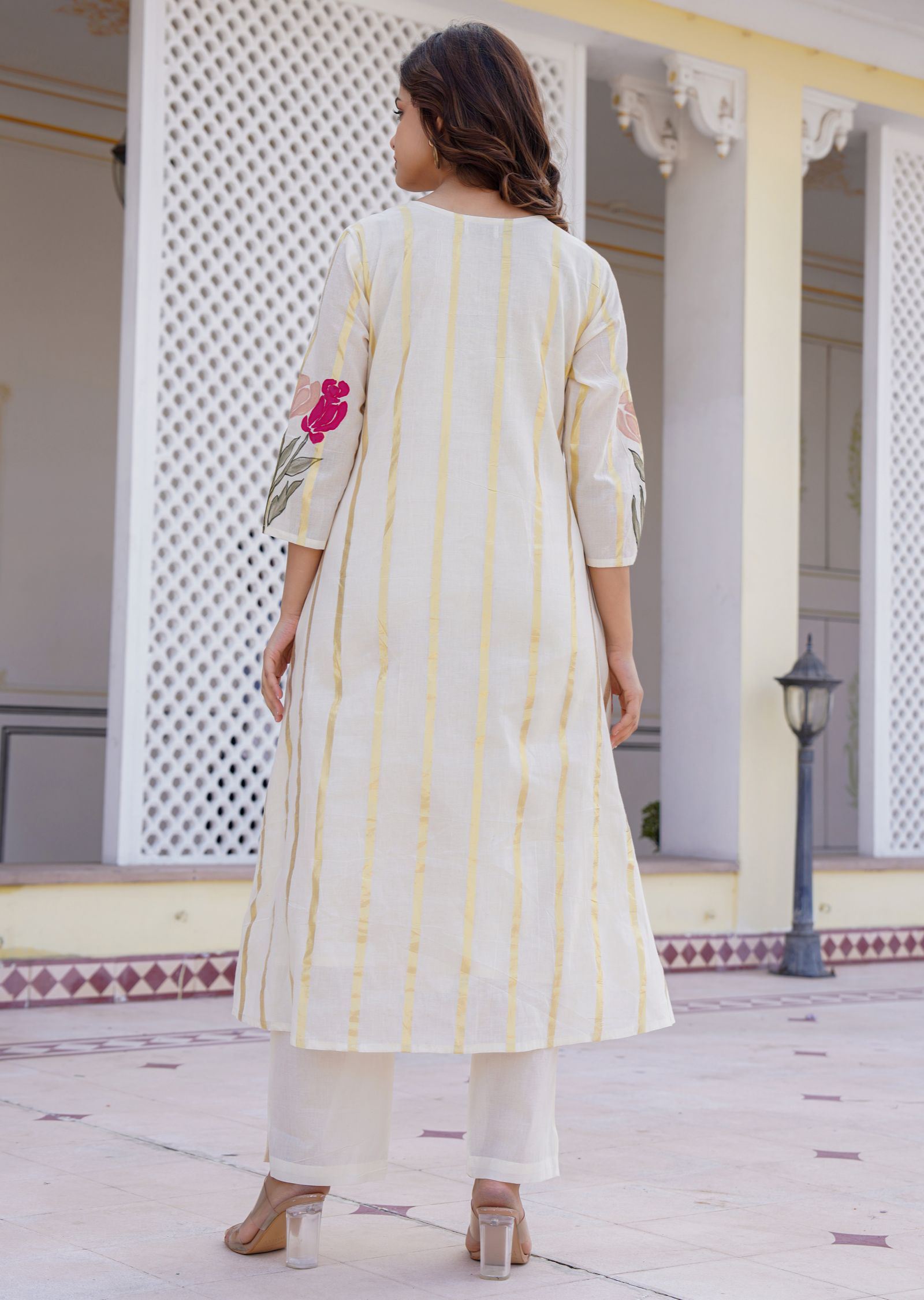 Cream Cotton Straight Cut Kurti Set