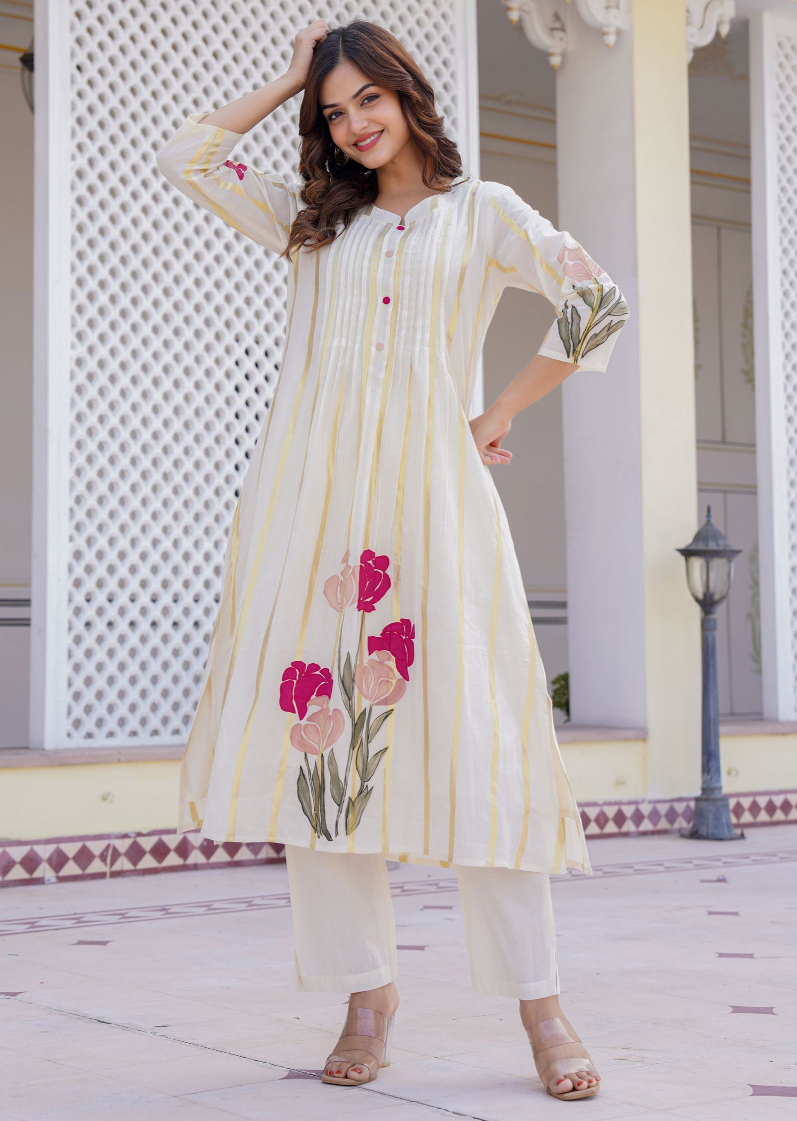 Cream Cotton Straight Cut Kurti Set