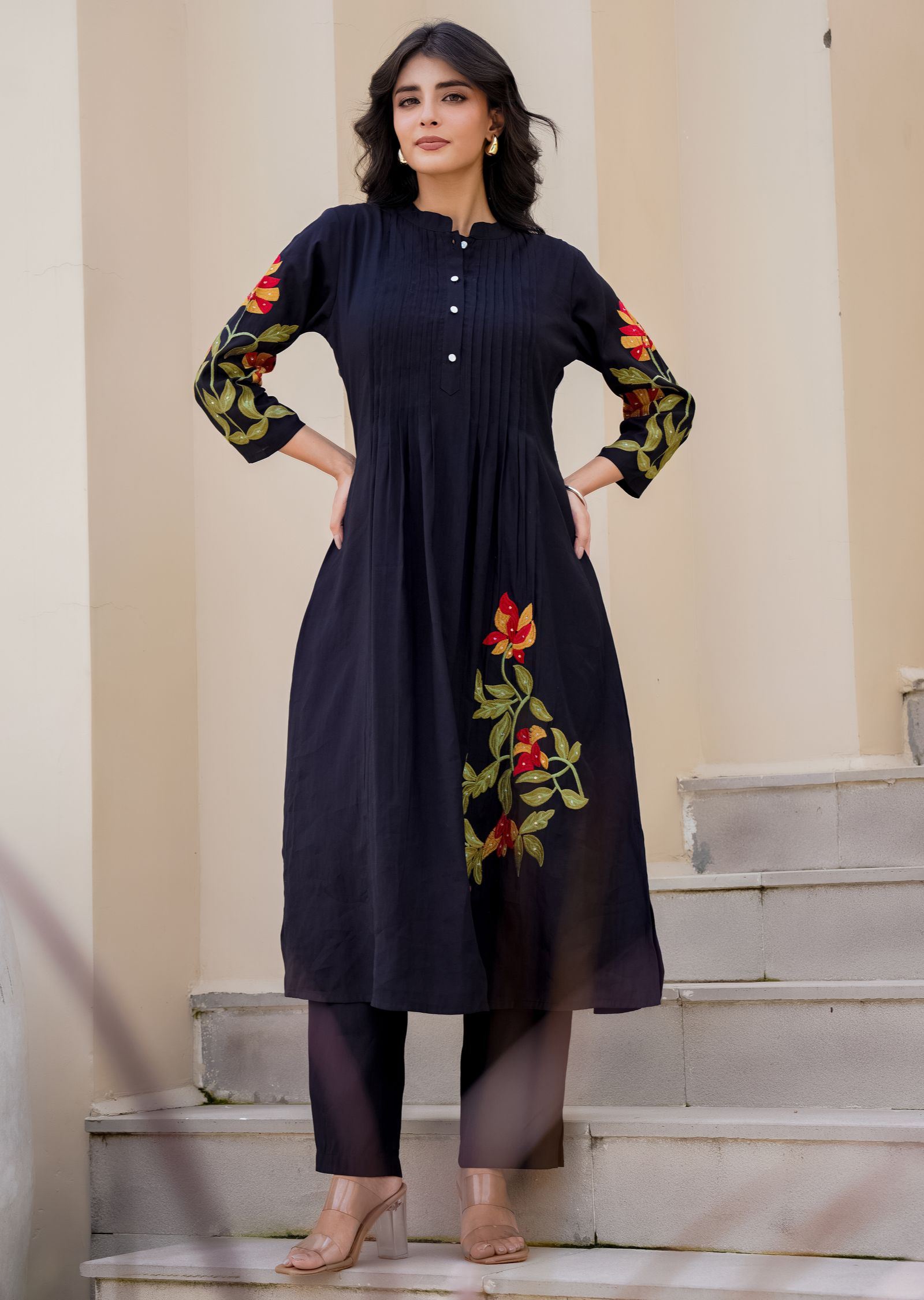 Navy Blue Russian Silk Straight Cut Kurti Set