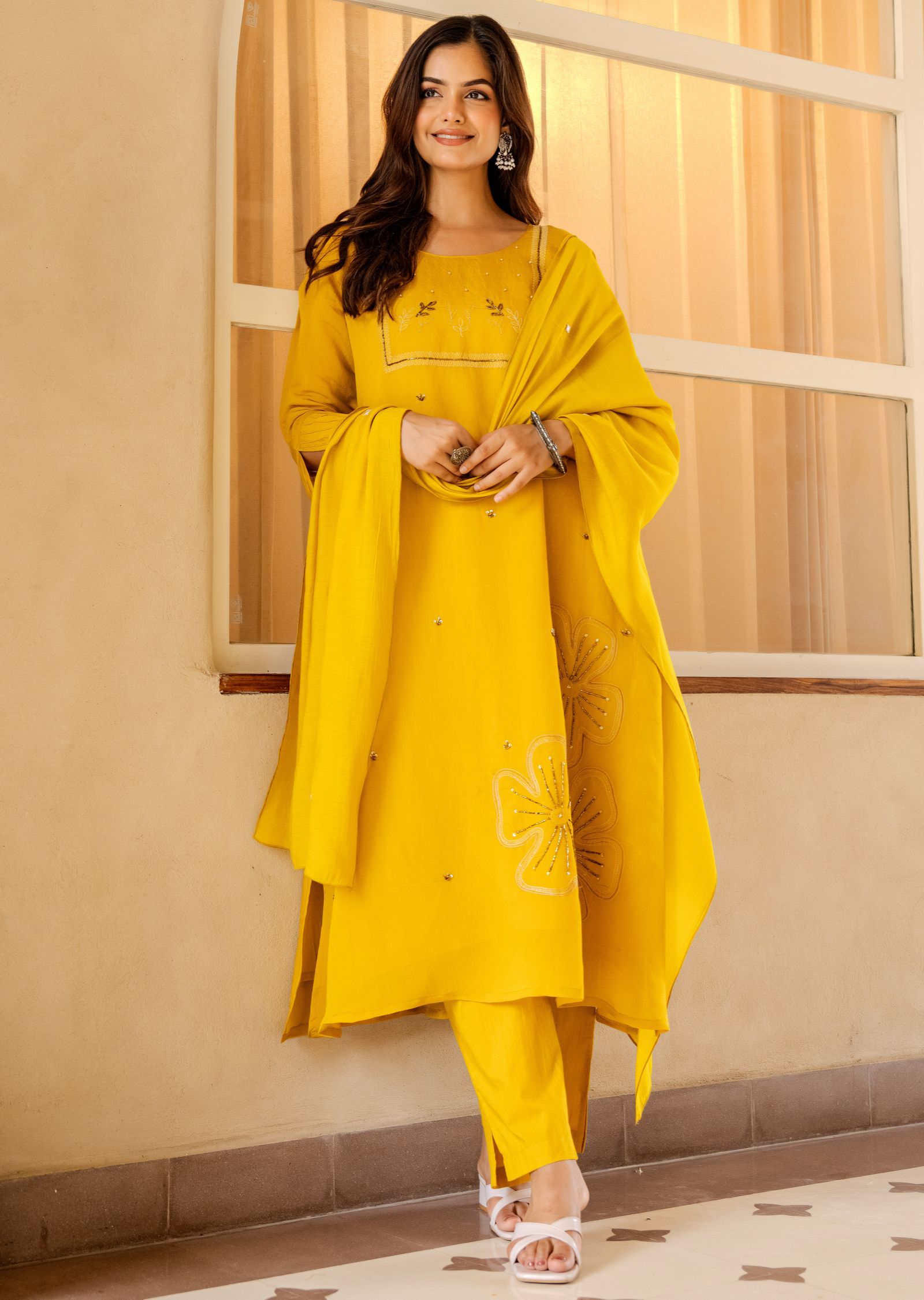 Mustard Chanderi Straight Cut Suit