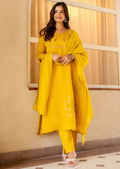 Mustard Chanderi Straight Cut Suit