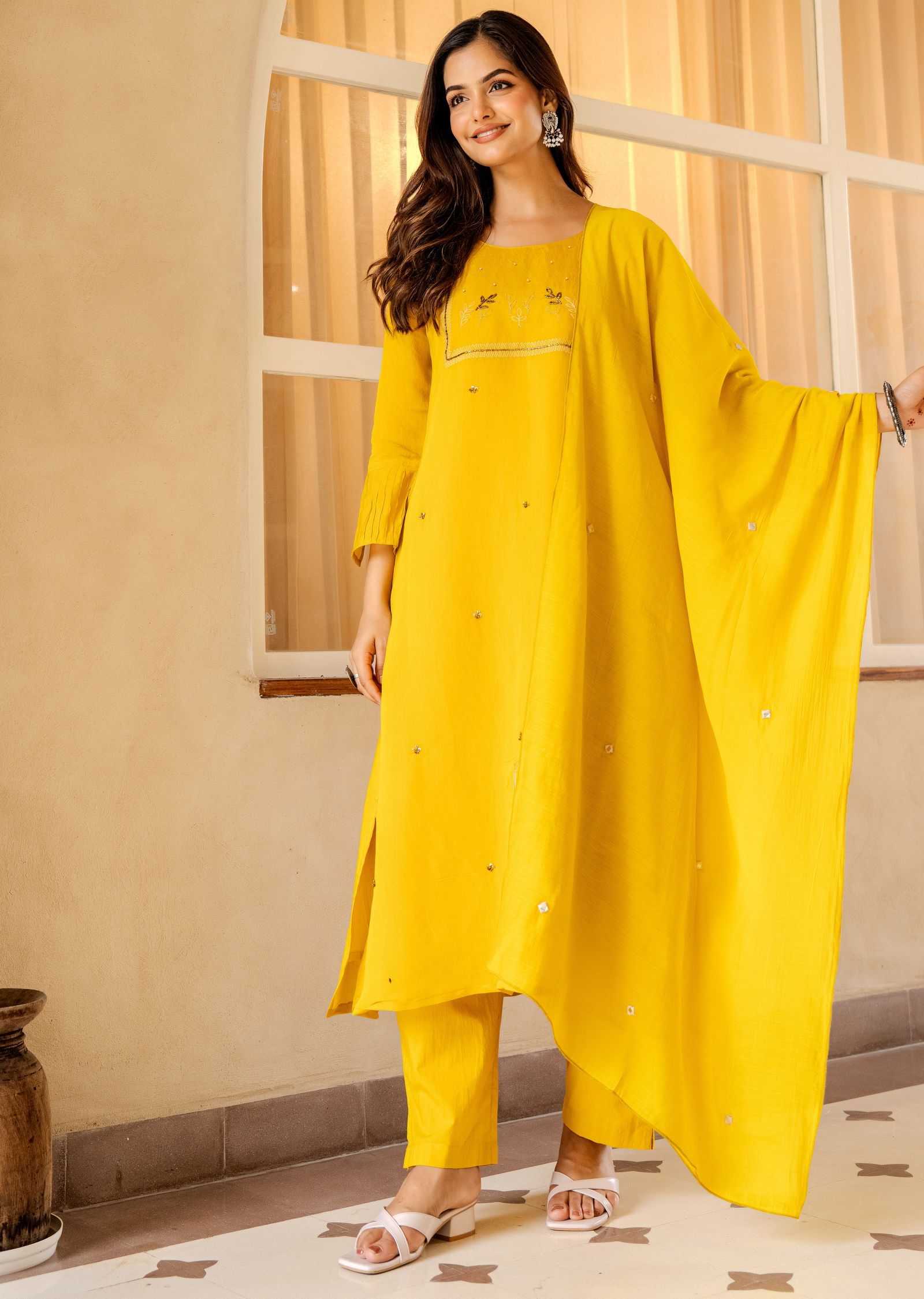 Mustard Chanderi Straight Cut Suit
