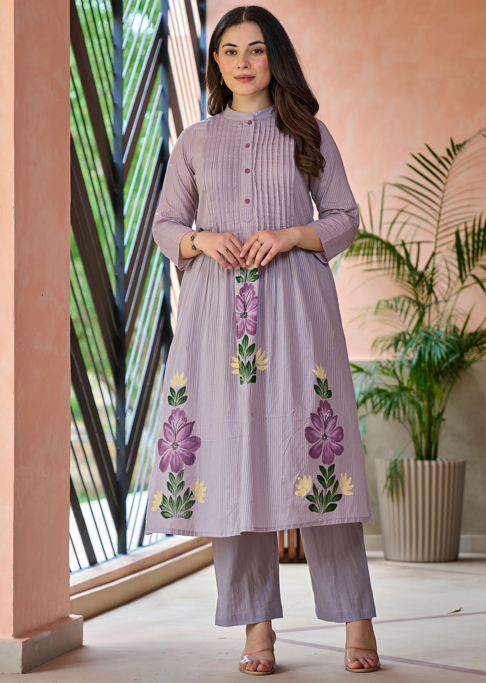 Lavender Cotton Straight Cut Kurti Set