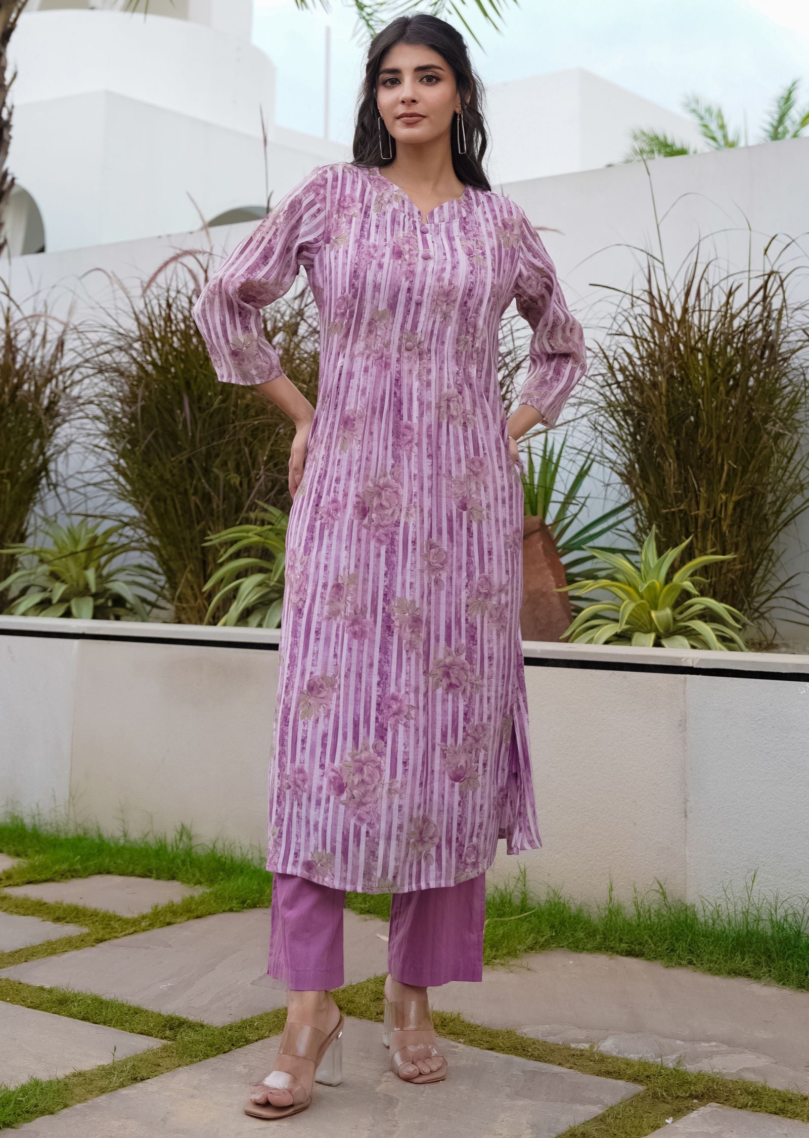 Mauve Cotton Straight Cut Kurti Set