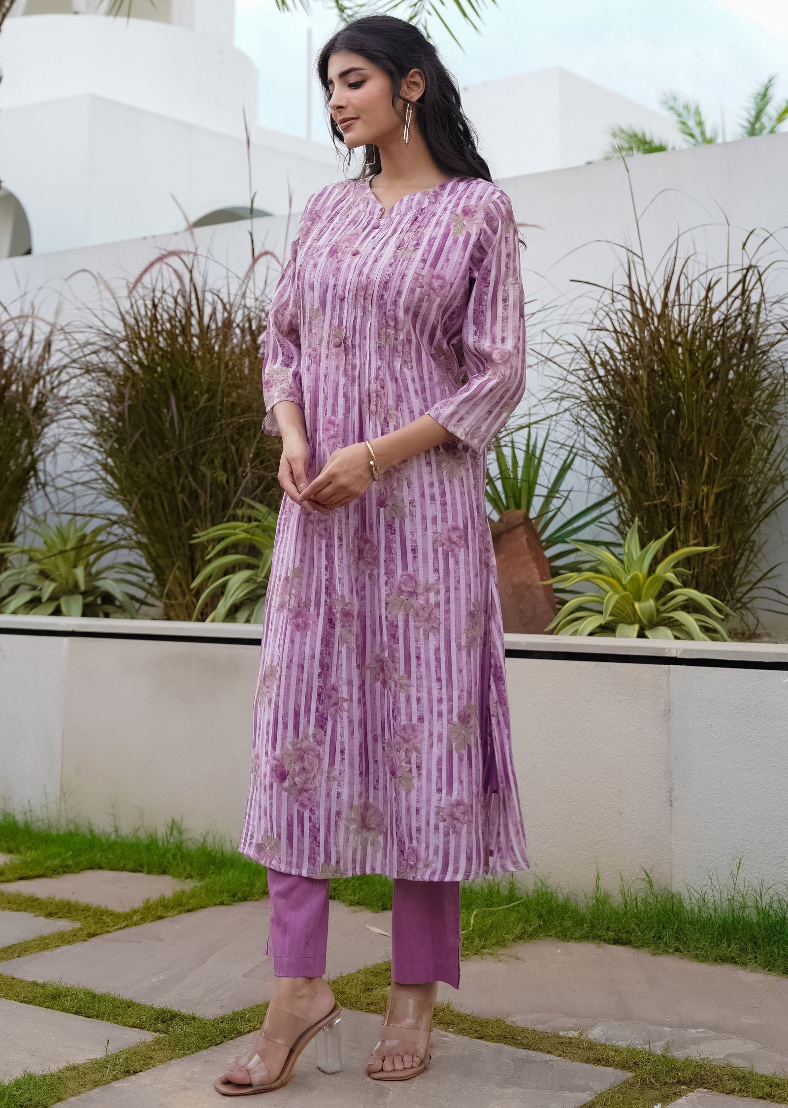 Mauve Cotton Straight Cut Kurti Set