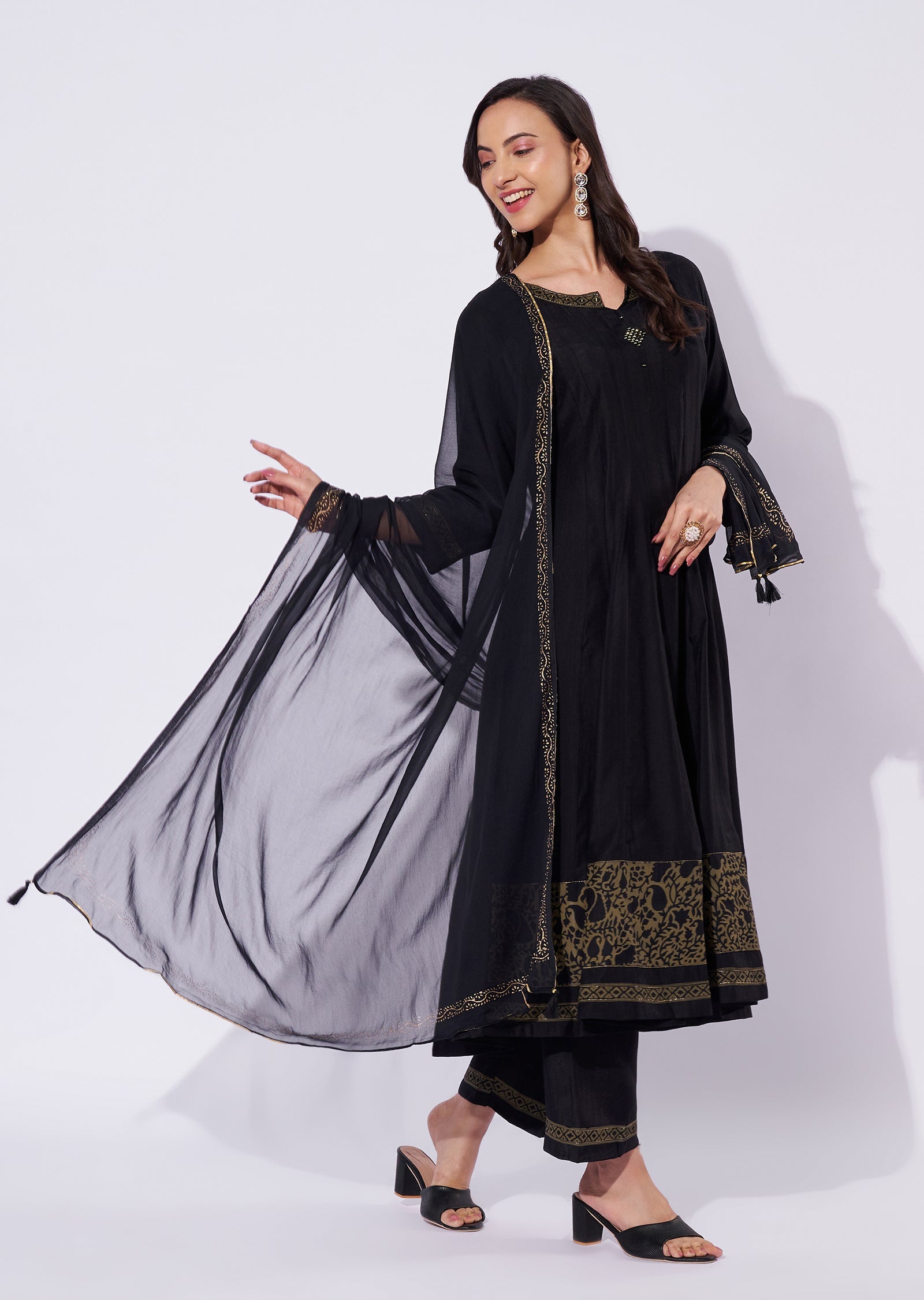 black and gold anarkali dress Noir Royalty: Black Anarkali Suit with Banarasi Dupatta Palkhi Fashion