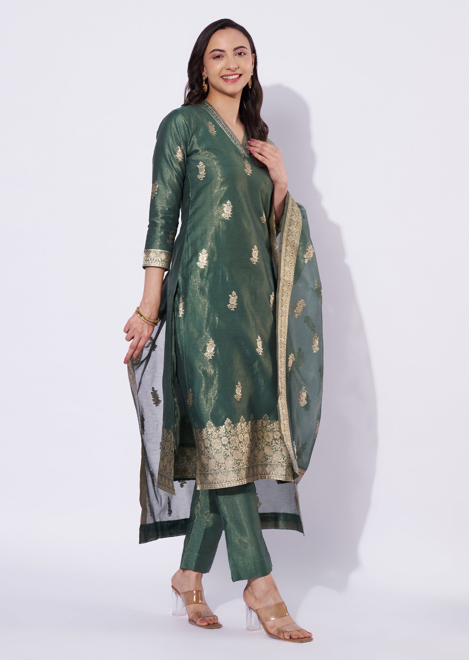 Green Tissue Straight Cut Kurti