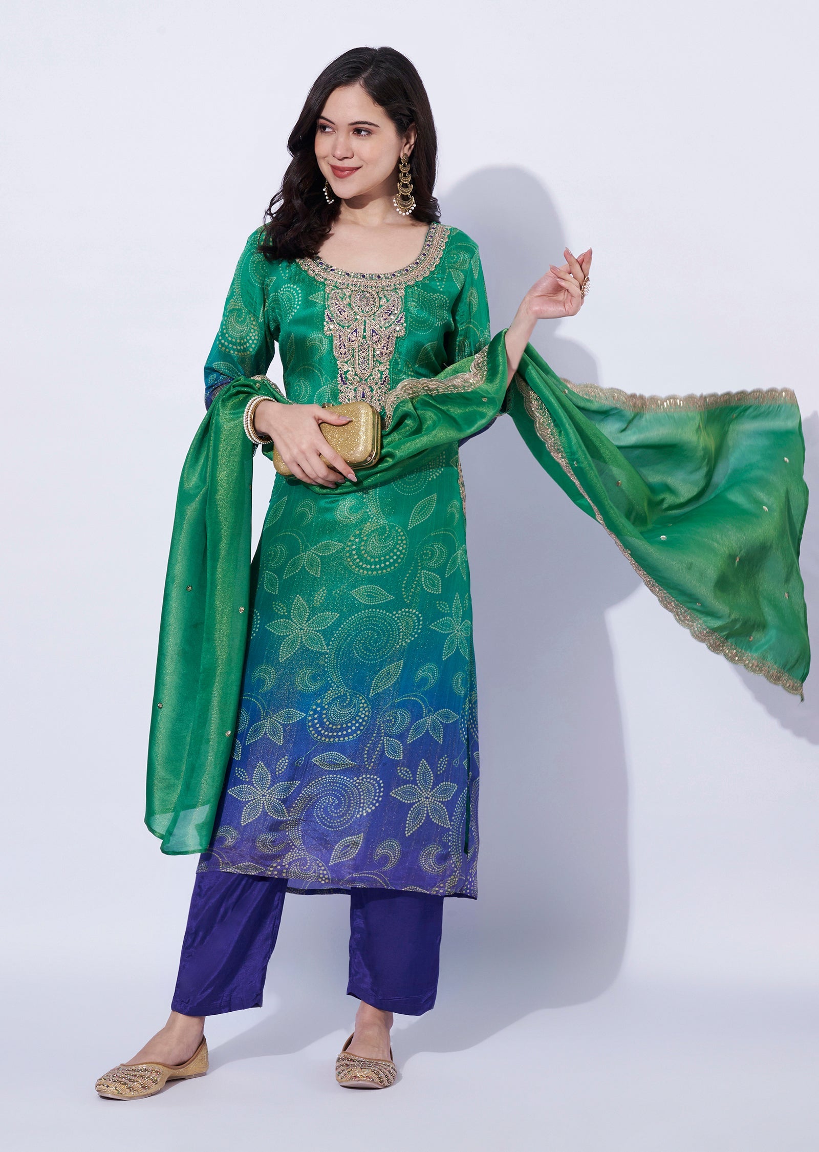 Green-Blue ombré tissue straight cut Kurti set